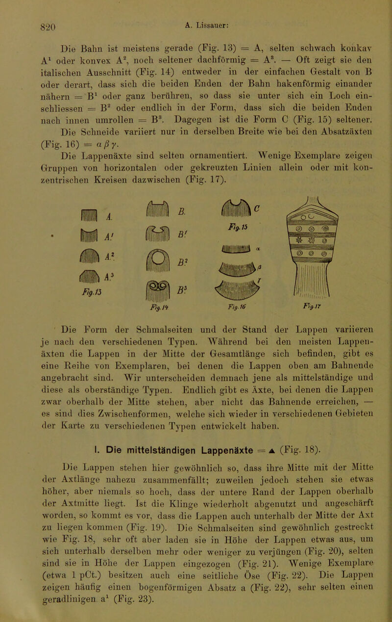 Die Bahn ist meistens gerade (Fig. 13) = A, selten schwach konkav A1 oder konvex A2, noch seltener dachförmig = A3. — Oft zeigt sie den italischen Ausschnitt (Fig. 14) entweder in der einfachen Gestalt von B oder derart, dass sich die beiden Enden der Bahn hakenförmig eiuauder nähern — B1 oder ganz berühren, so dass sie unter sich ein Loch ein- schliessen = B2 oder endlich in der Form, dass sich die beiden Enden nach innen umrollen = B3. Dagegen ist die Form C (Fig. 15) seltener. Die Schneide variiert nur in derselben Breite wie bei den Absatzäxten (Fig. 16) = aßy. Die Lappenäxte sind selten ornamentiert. Wenige Exemplare zeigen Gruppen von horizontalen oder gekreuzten Linien allein oder mit kon- zentrischen Kreisen dazwischen (Fig. 17). Hl i im M • /i3 Fig. 13 Fig.lt Fig. 15 Fig-IG Fig.n Die Form der Schmalseiten und der Stand der Lappen variieren je nach den verschiedenen Typen. Während bei den meisten Lappen- äxten die Lappen in der Mitte der Gesamtlänge sich befinden, gibt es eine Reihe von Exemplaren, bei denen die Lappen oben am Bahnende angebracht sind. Wir unterscheiden demnach jene als mittelständige und diese als oberständige Typen. Endlich gibt es Äxte, bei denen die Lappen zwar oberhalb der Mitte stehen, aber nicht das Bahnende erreichen, — es sind dies Zwischenformen, welche sich wieder in verschiedenen Gebieten der Karte zu verschiedenen Typen entwickelt haben. I. Die mittelständigen Lappenäxte = ▲ (Fig. 18). Die Lappen stehen hier gewöhnlich so, dass ihre Mitte mit der Mitte der Axtläuge nahezu zusammenfällt; zuweilen jedoch stehen sie etwas höher, aber niemals so hoch, dass der untere Rand der Lappen oberhalb der Axtmitte liegt. Ist die Klinge wiederholt abgenutzt und angeschärft worden, so kommt es vor, dass die Lappen auch unterhalb der Mitte der Axt zu liegen kommen (Fig. 19). Die Schmalseiten sind gewöhnlich gestreckt wie Fig. 18, sehr oft aber laden sie in Höhe der Lappen etwas aus, um sich unterhalb derselben mehr oder weniger zu verjüngen (Fig. 20), selten sind sie in Höhe der Lappen eingezogen (Fig. 21). Wenige Exemplare (etwa 1 pCt.) besitzen auch eine seitliche Öse (Fig. 22). Die Lappen zeigen häufig einen bogenförmigen Absatz a (Fig. 22), sehr selten einen geradlinigen a1 (Fig. 23).