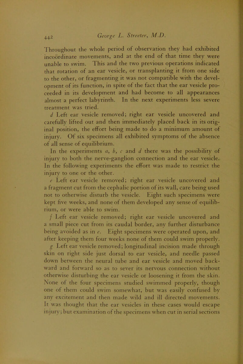 Throughout the whole period of observation they had exhibited incoordinate movements, and at the end of that time they were unable to swim. This and the two previous operations indicated that rotation of an ear vesicle, or transplanting it from one side to the other, or fragmenting it was not compatible with the devel- opment of its function, in spite of the fact that the ear vesicle pro- ceeded in its development and had become to all appearances almost a perfect labyrinth. In the next experiments less severe treatment was tried. d Left ear vesicle removed; right ear vesicle uncovered and carefully lifted out and then immediately placed back in its orig- inal position, the effort being made to do a minimum amount of injury. Of six specimens all exhibited symptoms of the absence of all sense of equilibrium. In the experiments a, b, c and d there was the possibility of injury to both the nerve-ganglion connection and the ear vesicle. In the following experiments the effort was made to restrict the injury to one or the other. e Left ear vesicle removed; right ear vesicle uncovered and a fragment cut from the cephalic portion of its wall, care being used not to otherwise disturb the vesicle. Eight such specimens were kept five weeks, and none of them developed any sense of equilib- rium, or were able to swim. / Left ear vesicle removed; right ear vesicle uncovered and a small piece cut from its caudal border, any further disturbance being avoided as in e. Eight specimens were operated upon, and after keeping them four weeks none of them could swim properly. g Left ear vesicle removed; longitudinal incision made through skin on right side just dorsal to ear vesicle, and needle passed down between the neural tube and ear vesicle and moved back- ward and forward so as to sever its nervous connection without otherwise disturbing the ear vesicle or loosening it from the skin. None of the four specimens studied swimmed properly, though one of them could swim somewhat, but was easily confused by any excitement and then made wild and ill directed movements. It was thought that the ear vesicles in these cases would escape injury; but examination of the specimens when cut in serial sections