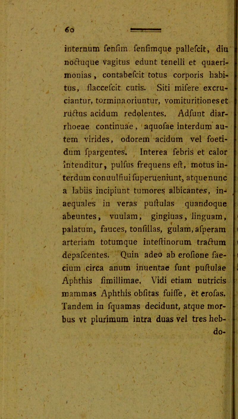 internum fehfim. fenfimque pallefcit, diu' nocluque vagitus edunt tenelli et quaeri- monias, contabefcit totus corporis habi- tus, flaccefcit cutis. Siti mifere excru- ciantur, tormina oriuntur, vomituritioneset riiftus acidum redolentes. Adfunt diar- rhoeae continuae, ' aquofae interdum au- tem virides, odorem 'acidum vel foeti- dum fpargentes. ^ Interea febris et calor Intenditur, pulfus frequens eft, motus in- 'terdum conuulfiuifuperueniuntj atquenunc a labiis incipiunt tumorei? albicantes, in-« aequales in veras pullulas quandoque abeuntes, vuulam; gingiuas, linguam, palatum, fauces, tonfillas, gulam, afperam arteriam totum que intellinorum traftum depafcentes. Quin adeo ab erofione fae- cium,circa anum inuentae funt pullulae Aphthis fimillimae. Vidi etiam nutricis mammas Aphthis obfitas fuilfe, eterofas. Tandem in fquamas decidunt, atque mor- bus vt plurimum intra duas vel tres heb- I