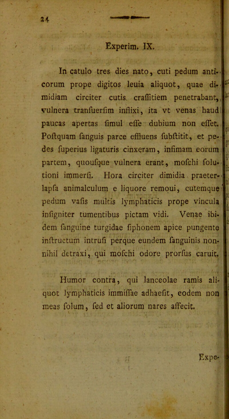 i Experim. IX. ' 'I i ‘ In catulo tres dies nato, cuti pedum anti- corum prope digitos leuia aliquot, quae di*- midiam circiter cutis. craflitiem_ penetrabant,, vulnera tranfuerfim inflixi, ita vt venas haudl paucas apertas fimul elTe dubium non elTet. Poflquam fanguis parce effluens fubflitit, et pe- H’ des fuperius ligaturis cinxeram, infimam eorum ’ partem, quoufque^vulnera erant, mofchi folu*- tioni immerfi. Hora circiter dimidia. praeter-- lapfa animalculum e liquore remoui, cutemque ^ pedum vafis multis lymphaticis prope vincula . infigniter tumentibus pictam vidi. Venae ibi- dem fanguine turgidae flphonem apice pungente inftructum intrufi perque eundem fanguinis non- nihil detraxi,.qui mofchi odore prorfus caruit, ^r' V ^ • Humor contra, qui lanceolae ramis ali- quot lymphaticis immiiTae adhaefit, eodem non meas folum, fed et aliorum nares affecit. y ' , ■ I Expe- \