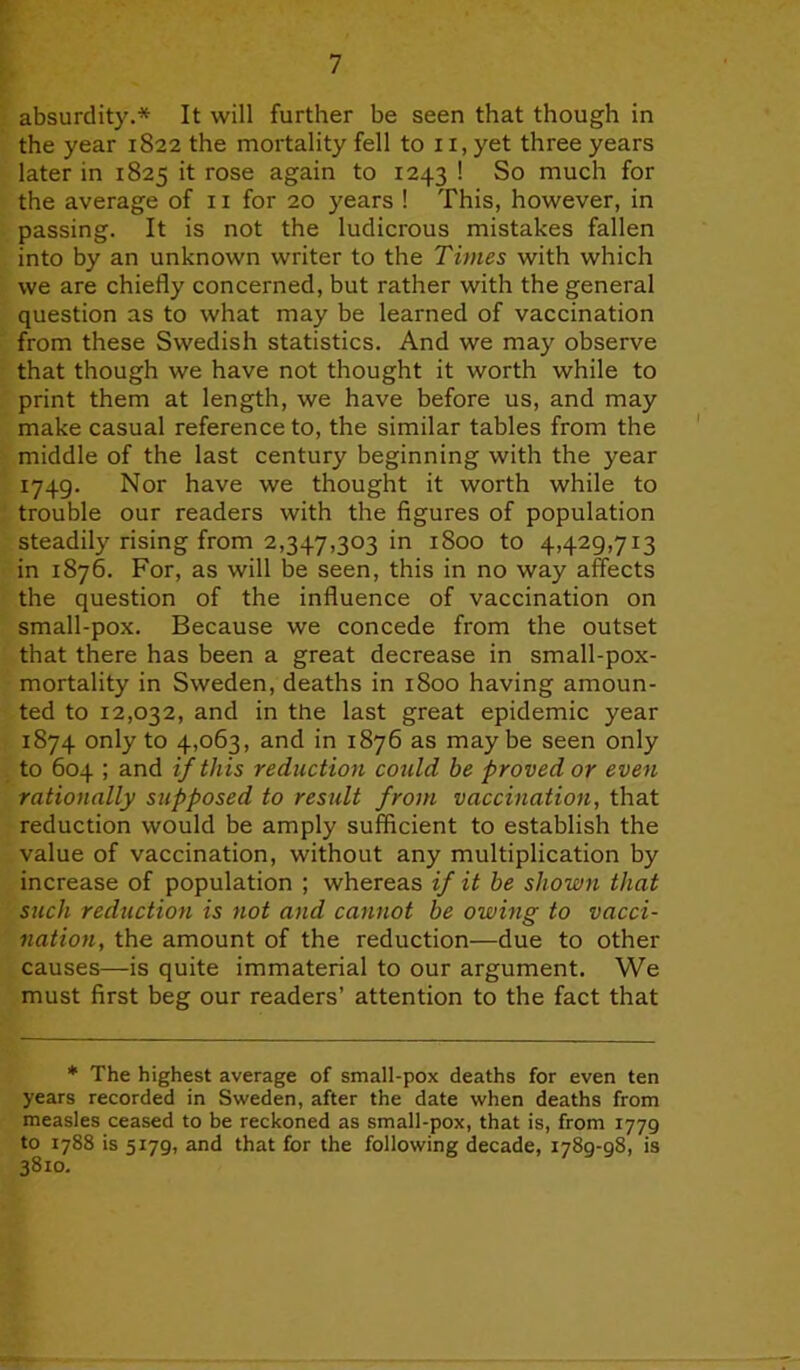 absurdity.* It will further be seen that though in the year 1822 the mortality fell to n,yet three years later in 1825 it rose again to 1243 ! So much for the average of n for 20 years ! This, however, in passing. It is not the ludicrous mistakes fallen into by an unknown writer to the Times with which we are chiefly concerned, but rather with the general question as to what may be learned of vaccination from these Swedish statistics. And we may observe that though we have not thought it worth while to print them at length, we have before us, and may make casual reference to, the similar tables from the middle of the last century beginning with the year 1749. Nor have we thought it worth while to trouble our readers with the figures of population steadily rising from 2,347,303 in 1800 to 4,429,713 in 1876. For, as will be seen, this in no way affects the question of the influence of vaccination on small-pox. Because we concede from the outset that there has been a great decrease in small-pox- mortality in Sweden, deaths in 1800 having amoun- ted to 12,032, and in the last great epidemic year 1874 only to 4,063, and in 1876 as maybe seen only to 604 ; and if this reduction could he proved or even rationally supposed to result from vaccination, that reduction would be amply sufficient to establish the value of vaccination, without any multiplication by increase of population ; whereas if it be shown that such reduction is not and cannot be owing to vacci- nation, the amount of the reduction—due to other causes—is quite immaterial to our argument. We must first beg our readers’ attention to the fact that * The highest average of small-pox deaths for even ten years recorded in Sweden, after the date when deaths from measles ceased to be reckoned as small-pox, that is, from 1779 to 1788 is 5179, and that for the following decade, 1789-98, is 3810.