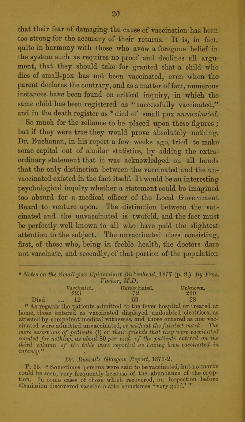 that their fear of damaging the cause of vaccination has hccn. too strong for the accuracy of their returns. It is, in fact, quite in harmony with those who avow a foregone belief in the system such as requires no proof and declines all argu- ment, that they should talce for granted that a child who dies of small-pox has not been vaccinated, even when the parent declares the contrary, and as a matter of fact, numerous instances have been found on critical inquiry, in which the same child has been registei’ed as “ successfully vaccinated,” and in the death register as * died of small pox unvaccinaied. So much for the reliance to be placed upon these figures ; but if they were true they would prove absolutely nothing. Dr. Buchanan, in his report a few weeks ago, tried to make some capital out of similar statistics, by adding the extra- ordinary statement that it was acknowledged on all hands that the only distinction between the vaccinated and the un- vaccinated existed in the fact itself. It would be an interesting psychological inquiry whether a statement could be imagined too absurd for a medical officer of the Local Grovernment Board to venture upon. The distinction between the vac- cinated and the unvaccinated is twofold, and the fact must be perfectly well known to all who have paid the slightest attention to the subject. The unvaccinated class consisting, first, of those who, being in feeble health, the doctors dare not vaccinate, and secondly, of that portion of the population * Notes on the Small-pox Epidemic at BirlcenJiead, 1877 (p. 9.) By Eras. Vacher, M.D. Voocinated. Unvaccinatod, Unlraown. 223 72 220 Died ... 12 63 28 “ As regards the patients admitted to the fever hospital or treated at home, those entered as vaccinated displayed undoubted cicatrices, as attested by competent medical witnesses, and those entered as not v.ac- cinated were admitted unvaccinated, or without the faintest murk. The mere assertions of po.tients (!) or their friends that they were vaccinated covmied for nothing, as abovi 80 per cent, of the patients entered on the third column of the table were reported as having been vaccinated in infancy.” . Dr. Bussell’s Glasgow Report, 1871-2. P. 26. “ Sometimes persons were said to bo vaccinated, but no marks could be seen, very frequently because of the abundance of the erup- tion. Tn some cases of those which recovered, an inspection before dismission discovered vaccine marks sometimes ‘ very good.’ ”