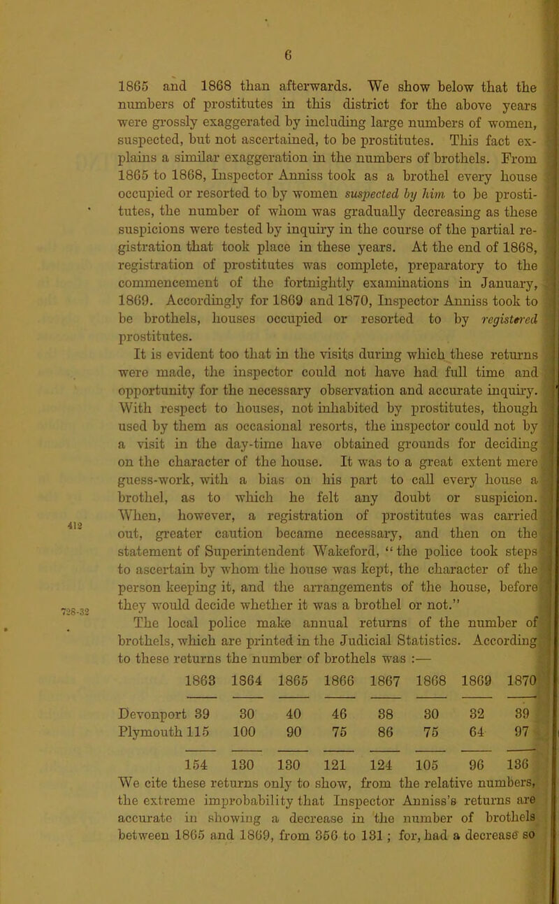 413 728-32 1865 and 1868 than afterwards. We show below that the numbers of prostitutes in this district for the above years were gi-ossly exaggerated by including large numbers of women, suspected, but not ascertained, to be prostitutes. This fact ex- plains a similar exaggeration in the numbers of brothels. From 1865 to 1868, Lispector Anniss took as a brothel every house occupied or resorted to by women suspected by him to be prosti- tutes, the number of whom was gradually decreasing as these suspicions were tested by inquiry in the course of the partial re- gistration that took place in these years. At the end of 1868, registration of j)rostitutes was complete, preparatory to the commencement of the fortnightly examinations in January, 1869. Accordingly for 1869 and 1870, Insirector Anniss took to be brothels, houses occupied or resorted to by registti-ed prostitutes. It is evident too that in the visits during which these retmns were made, the inspector could not have had full time and opportunity for the necessary observation and accm-ate inquu-y. With respect to houses, not inhabited by prostitutes, though used by them as occasional resorts, the inspector could not by a visit in the day-time have obtained grounds for deciding on the character of the house. It was to a great extent mere guess-work, with a bias on his part to caU every house a brothel, as to which he felt any doubt or suspicion. When, however, a registration of prostitutes was carried;] out, greater caution became necessaiy, and then on the statement of Superintendent Wakeford, “ the police took steps to ascertain by whom the house was kept, the character of the- person keeping it, and the arrangements of the house, before] they would decide whether it was a brothel or not.” The local police make annual returns of the number ofj brothels, which are printed in the Judicial Statistics. According! to these returns the number of brothels was :— 1863 1864 1865 1866 1867 1868 1869 1870M Devonport 39 30 40 46 38 80 32 89 ^ Plymouth 115 100 90 75 86 75 64 154 130 180 121 124 105 96 186 ) ! We cite these returns only to show, from the relative numbers,; the extreme improbability that Inspector Anniss’s returns are accurate in showing a decrease in the number of brothels^ between 1865 and 1869, from 366 to 181; for, had a decrease so