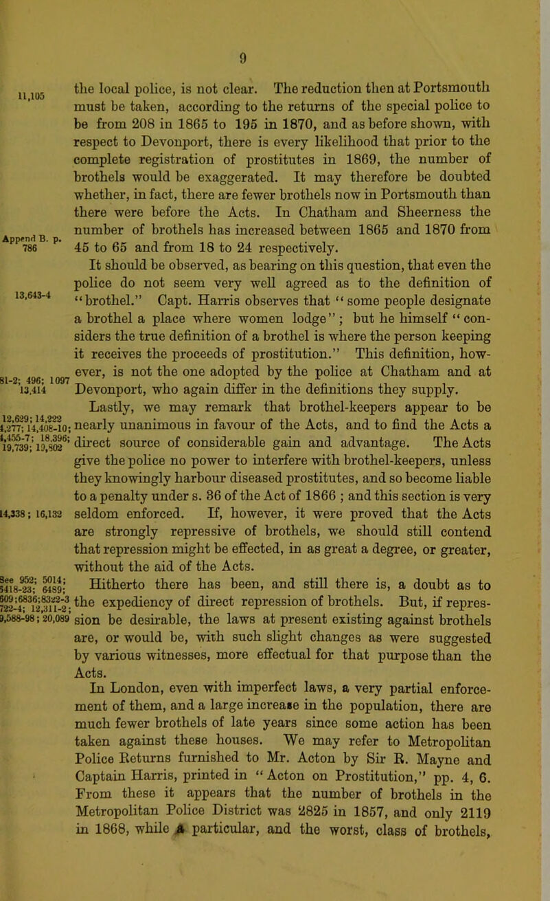 11,105 Append 6. p. 786 13,643-4 81-2; 496; 1097 13.414 12,629; 14,222 4,277; 14,408-10; 4,455-7; 18.396; 19,739; 19,802 14,338; 16,132 See 952; 5014; 5418-23; MS9; 609;6836;8322-3 722-4; 12,311-2; 9,588-98 ; 20,089 9 the local police, is not clear. The reduction then at Portsmouth must be taken, according to the returns of the special police to be from 208 in 1865 to 195 in 1870, and as before shown, with respect to Devonport, there is every likelihood that prior to the complete registration of prostitutes in 1869, the number of brothels would be exaggerated. It may therefore be doubted whether, in fact, there are fewer brothels now in Portsmouth than there were before the Acts. In Chatham and Sheerness the number of brothels has increased between 1865 and 1870 from 45 to 65 and from 18 to 24 respectively. It should be observed, as bearing on this question, that even the police do not seem very well agreed as to the definition of “brothel.” Capt. Harris observes that “ some people designate a brothel a place where women lodge”; but he himself “ con- siders the true definition of a brothel is where the person keeping it receives the proceeds of prostitution.” This definition, how- ever, is not the one adopted by the pohce at Chatham and at Devonport, who again differ in the definitions they supply. Lastly, we may remark that brothel-keepers appear to be nearly unanimous in favour of the Acts, and to find the Acts a direct source of considerable gain and advantage. The Acts give the pohce no power to interfere with brothel-keepers, unless they knowingly harbour diseased prostitutes, and so become hable to a penalty under s. 36 of the Act of 1866 ; and this section is very seldom enforced. If, however, it were proved that the Acts are strongly repressive of brothels, we should still contend that repression might be effected, in as great a degree, or greater, without the aid of the Acts. Hitherto there has been, and still there is, a doubt as to the expediency of direct repression of brothels. But, if repres- sion be desirable, the laws at present existing against brothels are, or would be, with such shght changes as were suggested by various witnesses, more effectual for that purpose than the Acts. In London, even with imperfect laws, a very partial enforce- ment of them, and a large increase in the population, there are much fewer brothels of late years since some action has been taken against these houses. We may refer to Metropolitan Police Keturns furnished to Mr. Acton by Sir E. Mayne and Captain Harris, printed in “ Acton on Prostitution,” pp. 4, 6. From these it appears that the number of brothels in the Metropolitan Police District was 2825 in 1857, and only 2119