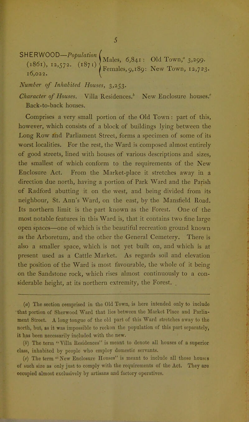 S H E R WOO D—Population (1861), 12,572. (1871) 16,022. Males, 6,841: Old Town, 3,299. Females, 9,189: New Town, 12,723. Number of Inhabited Houses, 3,253. Character of Houses. Villa Residences.^ New Enclosure houses. Back-to-back houses. Comprises a very small portion of the Old Town: part of this, however, which consists of a block of buildings lying between the Long Row dnd Parliament Street, forms a specimen of some of its worst localities. For the rest, the Ward is composed almost entirely of good streets, lined with houses of various descriptions and sizes, the smallest of which conform to the requirements of the New Enclosure Act. From the Market-place it stretches away in a direction due north, having a portion of Park Ward and the Parish of Radford abutting it on the west, and being divided from its neighbour, St. Ann’s Ward, on the east, by the Mansfield Road. Its northern limit is the part known as the Forest. One of the most notable features in this Ward is, that it contains two fine large open spaces—one of which is the beautiful recreation ground known as the Arboretum, and the other the General Cemetery. There is also a smaller space, which is not yet built on, and which is at present used as a Cattle Market. As regards soil and elevation the position of the Ward is most favourable, the whole of it being on the Sandstone rock, which rises almost continuously to a con- siderable height, at its northern extremity, the Forest. . (a) The section comprised in the Old Town, is here intended only to include that portion of Sherwood Ward that lies between the Market Place and Parlia- ment Street. A long tongue of the old part of this Ward stretches away to the north, but, as it was impossible to reckon the population of this part separately, it has been necessarily included with the new. {b) The term “Villa Residences” is meant to denote all houses of a superior class, inhabited by people who employ domestic servants. (c) The term “New Enclosure Houses” is meant to include all those housia of such size as only just to comply with the requirements of the Act. They are occupied almost exclusively by artisans and factory operatives.