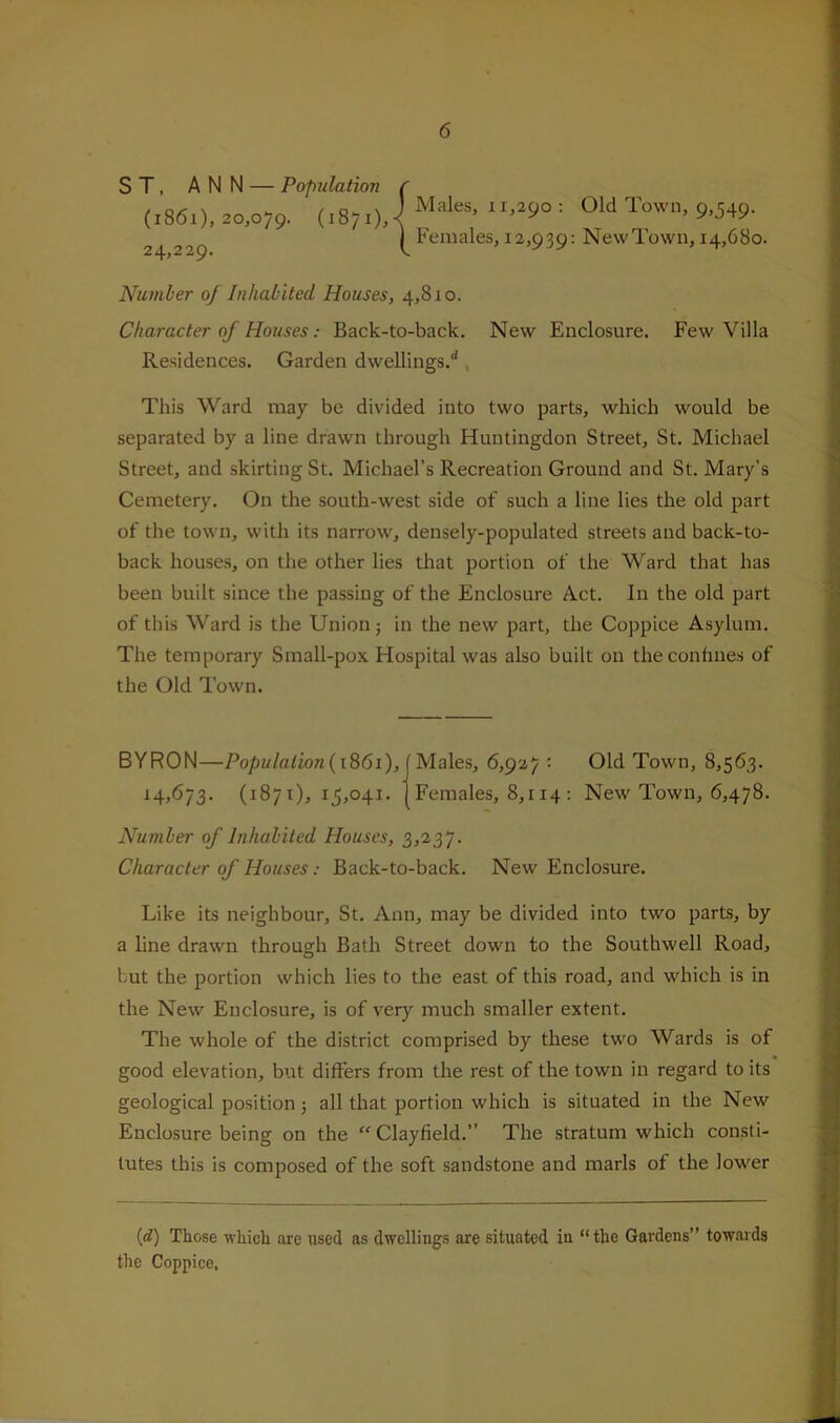 ST, ANN — Population (1861), 20,079. (1871), 24,229. Males, 11,290 ; Old Town, 9,549. Females, 12,939; New Town, 14,680. Number of Inhabited Houses, 4,810. Character of Houses: Back-to-back. New Enclosure. Few Villa Residences. Garden dwellings.'*, This Ward may be divided into two parts, which would be separated by a line drawn through Huntingdon Street, St. Michael Street, and skirting St. Michael’s Recreation Ground and St. Mary’s Cemetery. On the south-west side of such a line lies the old part of the town, with its narrow, densely-populated streets and back-to- back houses, on the other lies that portion of the Ward that has been built since the passing of the Enclosure Act. In the old part of this Ward is the Union; in the new part, the Coppice A,sylum. The temporary Small-pox Hospital was also built on theconhnes of the Old Town. BYRON—Population {iS61), {M.di\es, • Old Town, 8,563. 14,673. (1871), 15,041. 1 Females, 8,114 : New Town, 6,478. Number of Inhabited Houses, Character of Houses; Back-to-back. New Enclosure. Like its neighbour, St. Ann, may be divided into two parts, by a line drawn through Bath Street down to the Southwell Road, but the portion which lies to the east of this road, and which is in the New Enclosure, is of very much smaller extent. The whole of the district comprised by these two Wards is of good elevation, but differs from the rest of the town in regard to its geological position; all that portion which is situated in the New Enclosure being on the “Clayfield.” The stratum which consti- tutes this is composed of the soft sandstone and marls of the lower {d) Those which are used as dwellings are situated in “ the Gardens” towards the Coppice,