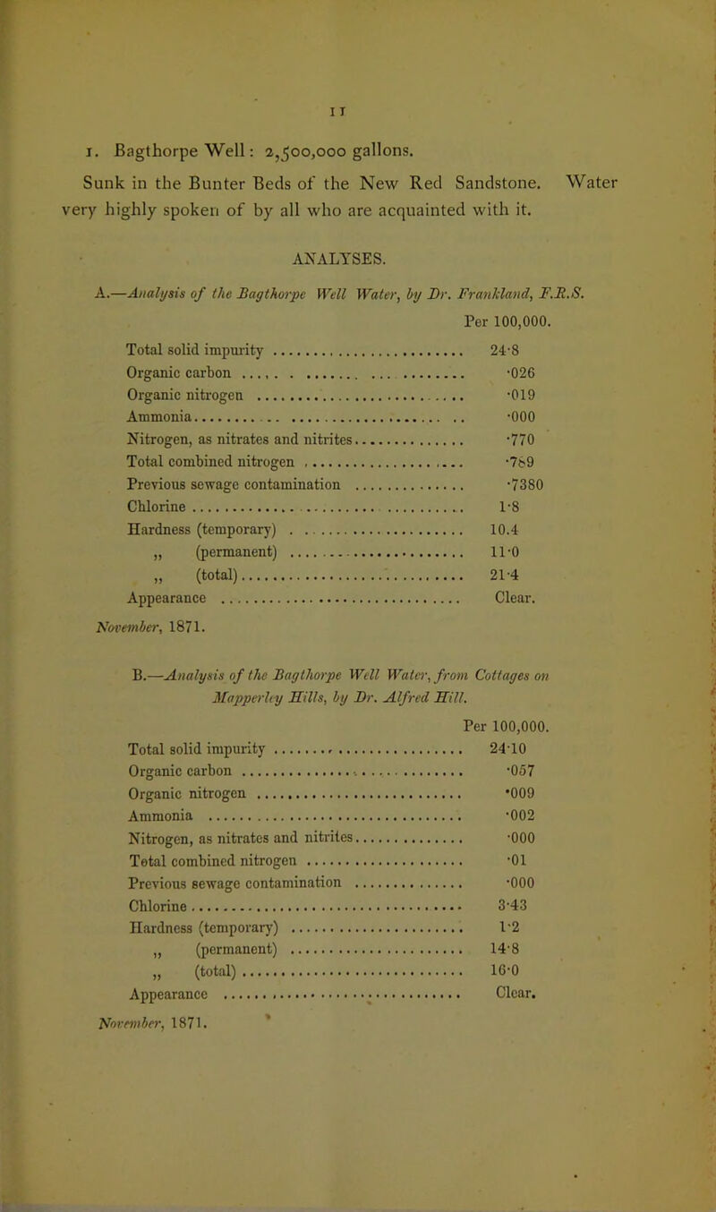 I. Bagthorpe Well: 2,500,000 gallons. Sunk in the Bunter Beds of the New Red Sandstone, Water very highly spoken of by all who are acquainted with it. ANALYSES. A.—Analysis of the Bagthorpe Well Water, by Dr. Franhland, F.B.S. Per 100,000. Total solid impurity 24'8 Organic carbon ’026 Organic niti'Ogen ‘019 Ammonia -000 Nitrogen, as nitrates and nitrites -770 Total combined nitrogen -789 Previous sewage contamination •7380 Chlorine 1-8 Hardness (temporary) 10.4 „ (permanent) 11-0 „ (total) 21-4 Appearance Clear. November, 1871. B.—Analysis of the Bagthorpe Well Water, from Cottages on Mapperhy Sills, by J)r. Alfred Sill. Per 100,000. Total solid impurity 24-10 Organic carbon '057 Organic nitrogen *009 Ammonia •002 Nitrogen, as nitrates and nitrites -000 Total combined nitrogen -01 Previous sewage contamination -000 Chlorine 3-43 Hardness (temporal-)-) 1'2 „ (permanent) 14'8 „ (total) lO-O Appearance Clear. November, 1871. *