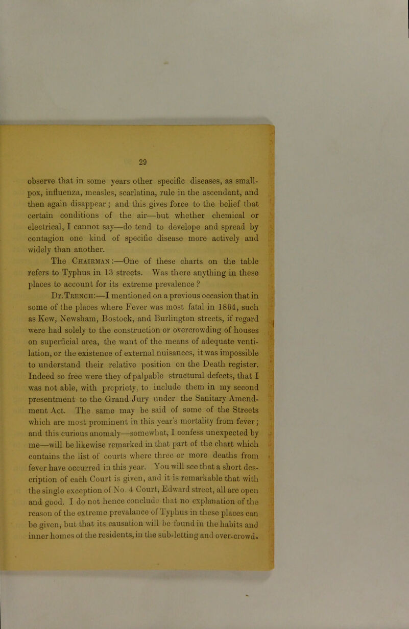 observe that in some years other specific diseases, as small- pox, influenza, measles, scarlatina, rule in the ascendant, and then again disappear ; and this gives force to the belief that certain conditions of the air—but whether chemical or electrical, I cannot say—do tend to develope and spread by contagion one kind of specific disease more actively and widely than another. The Chairman :—One of these charts on the table refers to Typhus in 13 streets. Was there anything in these places to account for its extreme prevalence ? Dr. Trench:—I mentioned on a previous occasion that in some of the places where Fever was most fatal in 1864, such as Kew, Newsham, Bostock, and Burlington streets, if regard were had solely to the construction or overcrowding of houses on superficial area, the want of the means of adequate venti- lation, or the existence of external nuisances, it was impossible to understand their relative position on the Death register. Indeed so free were they of palpable struc tural defects, that I was not able, with propriety, to include them in my second presentment to the Grand Jury under the Sanitary Amend- ment Act. The same may be said of some of the Streets which are most prominent in this year’s mortality from fever; and this curious anomaly—somewhat, I confess unexpected by me—will be likewise remarked in that part of the chart which contains the list of courts where three or more deaths from fever have occurred in this year. You will see that a short des- cription of each Court is given, and it is remarkable that with the single exception of No. 4 Court, Edward street, all arc open and good. I do not hence conclude that no explanation of the reason of the extreme prevalance of Typhus in these places can be given, but that its causation will be found in the habits and inner homes of the residents, in the sub-letting and over-crowd-