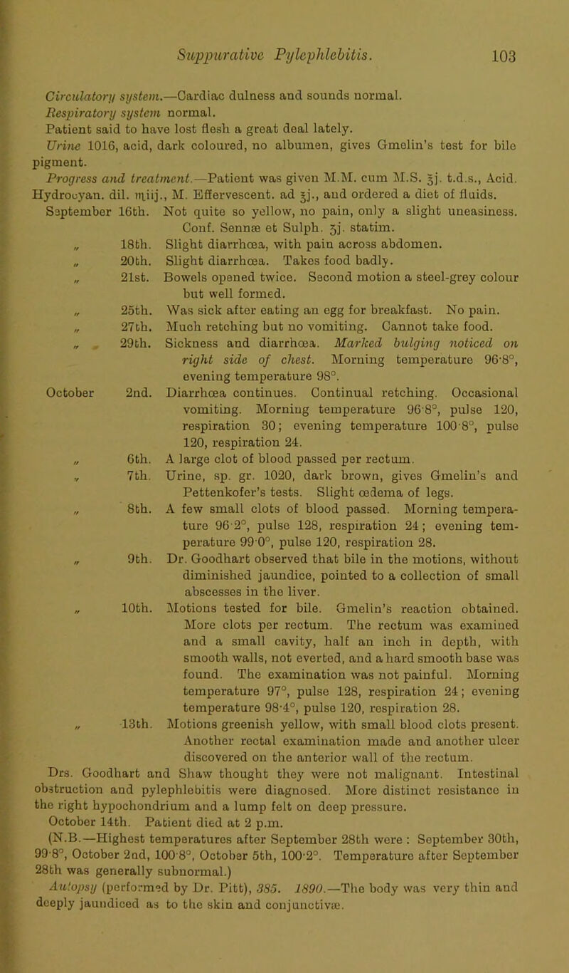 October Circulatori/ system.—Cardiac dulaess and sounds normal. Respiratory system normal. Patient said to have lost flesh a great deal lately. Urine 1016, acid, dark coloured, no albumen, gives Gmolin’s test for bile pigment. Progress and treatment.—Patient was given M.M. cum M.S. §j. t.d.s., Acid. Hydrocyan. dil. rrtiij., M. Effervescent, ad jj., and ordered a diet of fluids. September 16th. Not quite so yellow, no pain, only a slight uneasiness. Conf. Sennse et Sulph. jj. station. Slight diarrhoea, with pain across abdomen. Slight diarrhoea. Takes food badly. Bowels opened twice. Second motion a steel-grey colour but well formed. Was sick after eating an egg for breakfast. No pain. Much retching but no vomiting. Cannot take food. Sickness and diarrhoea. Marked bulging noticed on right side of chest. Morning temperature 96-8°, evening temperature 98°. Diarrhoea continues. Continual retching. Occasional vomiting. Morniug temperature 968°, pulse 120, respiration 30; evening temperature 100 8°, pulse 120, respiration 21. A large clot of blood passed per rectum. Urine, sp. gr. 1020, dark brown, gives Gmelin’s and Pettenkofer’s tests. Slight oedema of legs. A few small clots of blood passed. Morning tempera- ture 96 2°, pulse 128, respiration 24; evening tem- perature 99 0°, pulse 120, respiration 28. Dr. Goodhart observed that bile in the motions, without diminished jaundice, pointed to a collection of small abscesses in the liver. Motions tested for bile. Gmelin’s reaction obtained. More clots per rectum. The rectum was examined and a small cavity, half an inch in depth, with smooth walls, not everted, and a hard smooth base was found. The examination was not painful. Morning temperature 97°, pulse 128, respiration 24; evening temperature 98’4°, pulse 120, respiration 28. Motions greenish yellow, with small blood clots present. Another rectal examination made and another ulcer discovered on the anterior wall of the rectum. Drs. Goodhart and Shaw thought they were not malignant. Intestinal obstruction and pylephlebitis were diagnosed. More distinct resistance in the right hypoehondrium and a lump felt on deep pressure. October 14th. Patient died at 2 p.m. (N.B.—Highest temperatures after September 28th were : September 30th, 99-8°, October 2nd, 100 8°, October 5th, 100-2°. Temperaturo after September 28th was generally subnormal.) Autopsy (performed by Dr. Pitt), 3S5. 1890.—The body was very thin and deeply jaundiced as to the skin and conjunctiva;. 18th. 20th. 21st. 25th. 27th. 29th. 2nd. 6th. 7th. 8th. 9th. 10th. 13th.