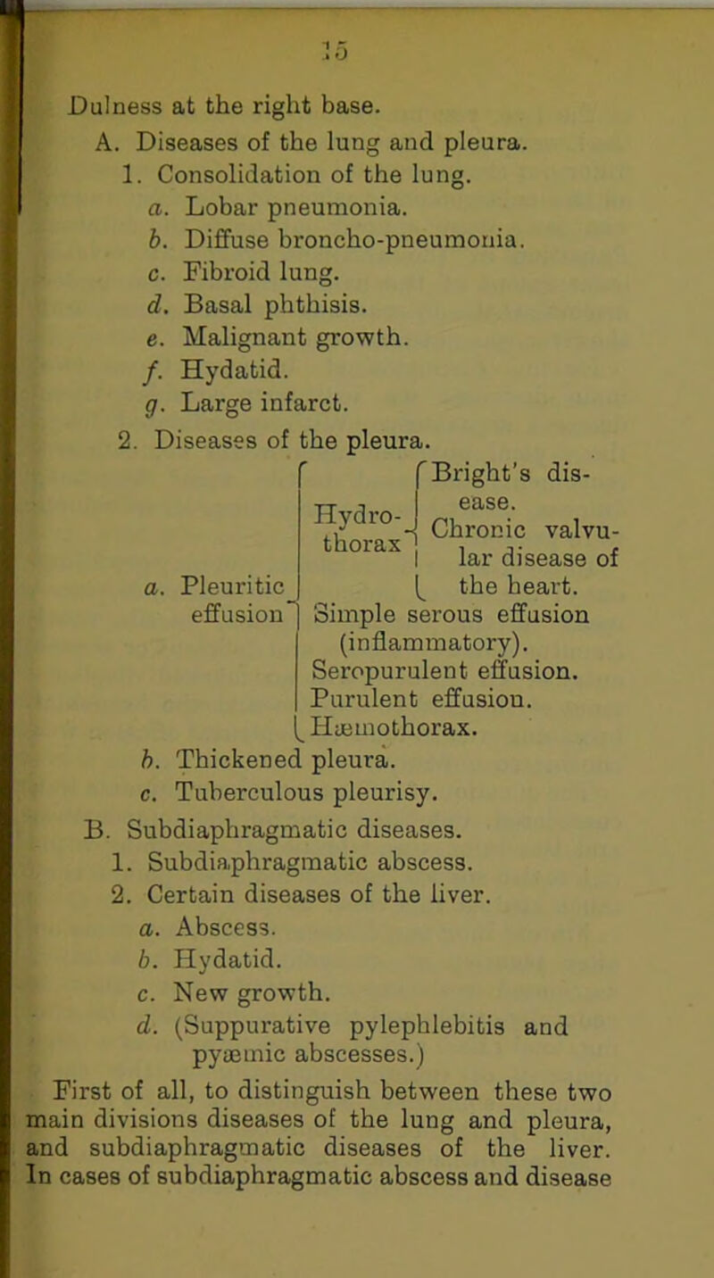 1 Dulness at the right base. A. Diseases of the lung and pleura. 1. Consolidation of the lung. a. Lobar pneumonia. h. Diffuse broncho-pneumonia, c. Fibroid lung. d. Basal phthisis. e. Malignant growth. /. Hydatid. g. Large infarct. 2. Diseases of the pleura. Hydro- thorax I 'Bright’s dis- ease. Chronic valvu- lar disease of a. Pleuritic the heart, effusion) Simple serous effusion (inflammatory). Seropurulent effusion. Purulent effusion. Hyemothorax. h. Thickened pleura, c. Tuberculous pleurisy. B. Subdiaphragmatic diseases. 1. Subdiaphragmatic abscess. 2. Certain diseases of the liver. ; a. Abscess. S b. Hydatid, f c. New growth. [ d. (Suppurative pylephlebitis and ^ pyasmic abscesses.) ^ First of all, to distinguish between these two k main divisions diseases of the lung and pleura, i; and subdiaphragmatic diseases of the liver, t In cases of subdiaphragmatic abscess and disease