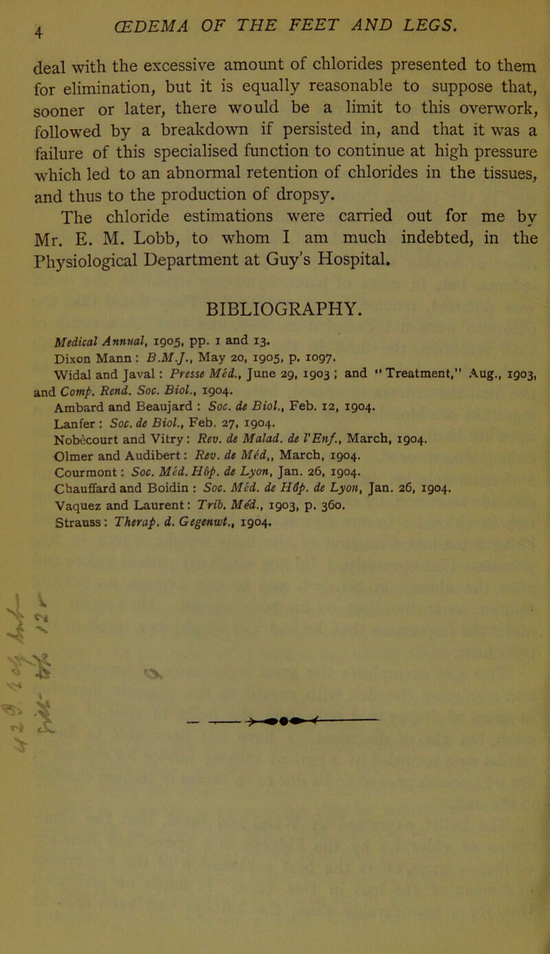 deal with the excessive amount of chlorides presented to them for elimination, but it is equally reasonable to suppose that, sooner or later, there would be a limit to this overwork, followed by a breakdown if persisted in, and that it was a failure of this specialised function to continue at high pressure which led to an abnormal retention of chlorides in the tissues, and thus to the production of dropsy. The chloride estimations were carried out for me by Mr. E. M. Lobb, to whom I am much indebted, in the Physiological Department at Guy’s Hospital. BIBLIOGRAPHY. Medical Annual, 1905, pp. i and 13. Dixon Mann: May 20, 1905, p. 1097. Widal and Javal: Presse Med., June 29, 1903 ; and Treatment, Aug., 1903, and Comp, Rend. Soc. Biol., 1904. Ambard and Beaujard : Soc. de Biol., Feb. 12, 1904. Lanfer : Soc. de Biol., Feb. 27, 1904. Nobecourt and Vitry: Rev. de Malad. de VEnf., March, 1904. Olmer and Audibert: Rev. de Mid,, March, 1904. Courraont: Soc. Med. Hdp. de Lyon, Jan. 26, 1904. Cbauffard and Boidin : Soc. Med. de Hdp. de Lyon, Jan. 26, 1904. Vaquez and Laurent: Trih, Med., 1903, p. 360. Strauss: Therap. d. Gegenwt., 1904.