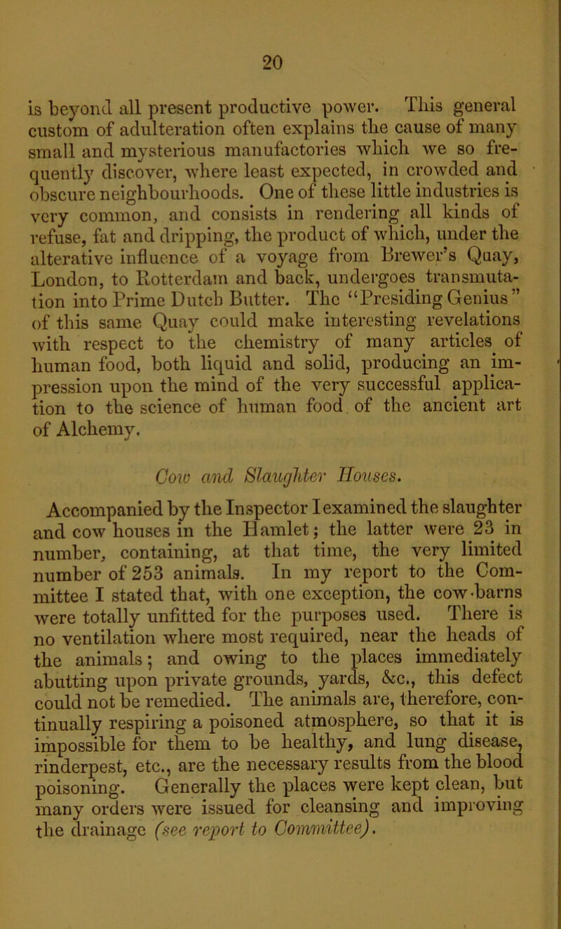 is beyond all present productive power. This general custom of adulteration often explains the cause of many small and mysterious manufactories which we so fre- quently discover, where least expected, in crowded and obscure neighbourhoods. One of these little industries is very common, and consists in rendering all kinds of refuse, fat and dripping, the product of which, under the alterative influence of a voyage from Brewer’s Quay, London, to Rotterdam and back, undergoes transmuta- tion into Prime Dutch Butter. The “Presiding Genius ” of this same Quay could make interesting revelations with respect to the chemistry of many articles of human food, both liquid and solid, producing an im- pression upon the mind of the very successful applica- tion to the science of human food of the ancient art of Alchemy. Cow and Slaughter Houses. Accompanied by the Inspector I examined the slaughter and cow houses in the Hamlet; the latter were 23 in number, containing, at that time, the very limited number of 253 animals. In my report to the Com- mittee I stated that, with one exception, the cow-barns were totally unfitted for the purposes used. There is no ventilation where most required, near the heads of the animals; and owing to the places immediately abutting upon private grounds, yards, &c., this defect could not be remedied. The animals are, therefore, con- tinually respiring a poisoned atmosphere, so that it is impossible for them to be healthy, and lung disease, rinderpest, etc., are the necessary results from the blood poisoning. Generally the places were kept clean, but many orders were issued for cleansing and improving the drainage (see report to Committee).