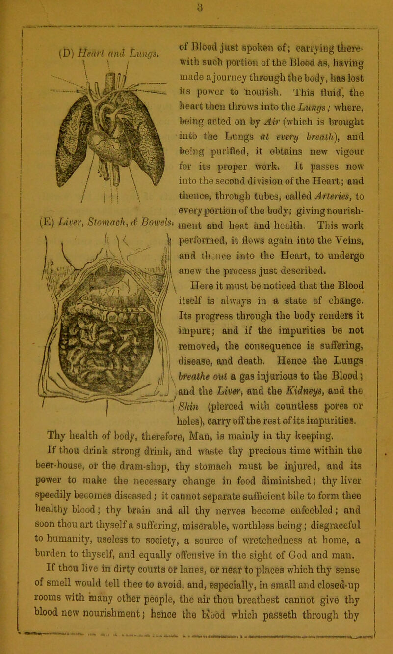 (D) Heart and Lungs, of Blood just spokfeii of; carrying there- with such portion of the Blood as, having made ajourney through the body, has lost ils power to •nourish. This fluid, the heart then tlirows into the Lungs; where, being acted on by Air (which is brought into the Lungs at every breath), and being purified, it obtains new vigour for its proper work. It passes now into the second division of the Heart; and thence, through tubes, called Artenes, to every portion of the body ; giving nourish- (E) Liver, Stomach, A- Bowelst jj^^t and health. This work performed, it flows again into the Veins, and tlunce into the Heart, to undergo anew the process just described. ^ Here it must be noticed that the Blood itself is always in a state of change. Its progress through the body renders it impure; and if the impurities be not removed, the consequence is suffering, disease, and death. Hence the Lungs breathe out a gas injurious to the Blood; jand the Liv&r, and the Kidneys, and the Sldn (pierced with countless pores or holes), carry off the rest of its impurities. Thy health of body, therefore, Mao, is mainly in thy keeping. If thou drink strong drink, and waste thy precious time within the beer-house, or the dram-shop, thy stomach must be iiyured, and its power to make the necessary change in food diminished; thy liver speedily becomes diseased; it cannot separate sufficient bile to form thee healthy blood; thy brain and all thy nerves become enfeebled; and soon thou art thyself a suffering, miserable, worthless being; disgraceful to humanity, useless to society, a source of wretchedness at home, a burden to thyself, and equally offensive in the sight of God and man. If thou live in dirty courts or lanes, or near to places which thy sense of smell would tell thee to avoid, and, especially, in small and closed-up rooms with many other people, the air thou breathest cannot give thy blood new nourishment; hence the Kobd which pasaeth through thy