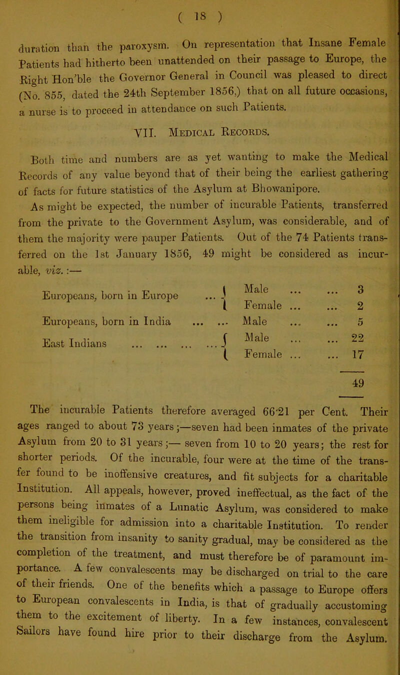 duMtion than the paroxysm. On representation that Insane Female Patients had hitherto been unattended on their passage to Europe, the Riaht Hon’ble the Governor General in Council was pleased to direct (Na 855, dated the 24th September 1856,) that on all future occasions, a nurse is to proceed in attendance on such Patients, VII. Medical Records. Both time and numbers are as yet wanting to make the Medical Records of any value beyond that of their being the earliest gathering of facts for future statistics of the Asylum at Bhowanipore. As might be expected, the number of incurable Patients, transferred from the private to the Government Asylum, was considerable, and of them the majority were pauper Patients. Out of the 74 Patients trans- ferred on the 1st January 1856, 49 might be considered as incur- able, viz.:— Europeans, born in Europe ( Female Europeans, born in India Male East Indians J Male ( Female 49 3 2 5 22 17 The incurable Patients therefore averaged 66‘21 per Cent. Their ages ranged to about 73 years;—seven had been inmates of the private Asylum from 20 to 31 years;— seven from 10 to 20 years; the rest for shorter periods. Of the incurable, four were at the time of the trans- fer found to be inoffensive creatures, and fit subjects for a charitable Institution. All appeals, however, proved ineffectual, as the fact of the persons being inmates of a Lunatic Asylum, was considered to make them inehgible for admission into a charitable Institution. To render the transition from insanity to sanity gradual, may be considered as the completion of the treatment, and must therefore be of paramount im- portance. A few convalescents may be discharged on trial to the care of their friends. One of the benefits which a passage to Europe offers to European convalescents in India, is that of gradually accustoming them to the excitement of liberty. In a few instances, convalescent Sailors have found hire prior to their discharge from the Asylum.