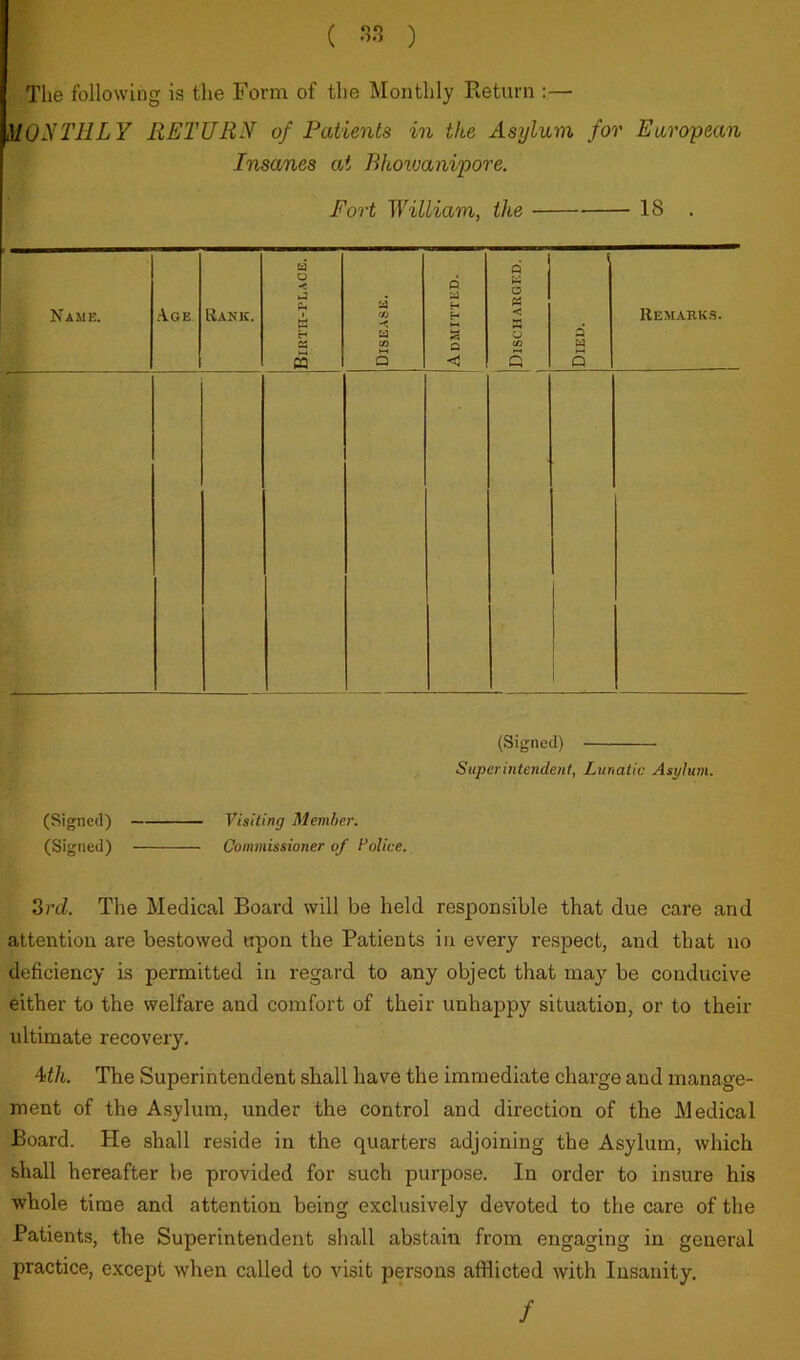 ( -‘53 ) The following is the Form of the Monthly Return ;— MONTHLY RETURN of Patients in the Asylum for European Insanes at Bhoivanipore. Fort William, the 18 . Name. .■Vge Rank. o < Ph • a H iS Disease. Admitted. Q a CJ a < S m Q Died. Remarks. (Signed) Superintendent, Lunatic Asylum. (Signed) Visiting Member. (Signed) Commissioner of Police. 2rd. The Medical Board will be held responsible that due care and attention are bestowed upon the Patients in every respect, and that no deficiency is permitted in regard to any object that may be conducive either to the welfare and comfort of their unhappy situation, or to their ultimate recovery. Uh. The Superintendent shall have the immediate charge and manage- ment of the Asylum, under the control and direction of the Medical Board. He shall reside in the quarters adjoining the Asylum, which shall hereafter be provided for such purpose. In order to insure his whole time and attention being exclusively devoted to the care of the Patients, the Superintendent shall abstain from engaging in general practice, except when called to visit persons afflicted with Insanity. /