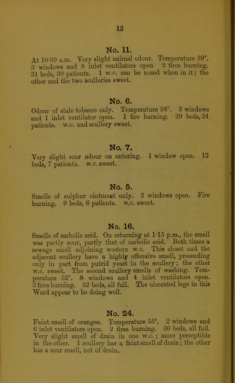 No. 11. At 10-30 a.m. Very slight animal odour. Temperature 59°. 3 windows and 8 inlet ventilators open. 2 fires burning. 31 beds, 30 patients. 1 w.c. can be nosed when in it; the other and the two sculleries sweet. No. 6. Odour of stale tobacco only. Temperature 58°. 2 windows and 1 inlet ventilator open. 1 fire burning. 29 beds, 24 patients, w.c. and scullery sweet. No. 7. Very slight sour odour on entering. 1 window open. 12 beds, 7 patients, w.c. sweet. No. 5. Smells of sulphur ointment only. 2 windows open. Fire burning. 9 beds, 6 patients, w.c. sweet. No. 16. Smells of carbolic acid. On returning at 1T5 p.m., the smell was partly sour, partly that of carbolic acid. Both times a sewage smell adjoining western w.c. This closet and the adjacent scullery have a highly offensive smell, proceeding only in part from putrid yeast in the scullery; the other w.c. sweet. The second scullery smells of washing. Tem- perature 52°. 8 windows and 4 inlet ventilators open. 2 fires burning. 32 beds, all full. The ulcerated legs in this Ward appear to be doing well. No. 24. Faint smell of oranges. Temperature 55°. 2 windows and 6 inlet ventilators open. 2 fires burning. 30 beds, all full. Very slight smell of drain in one w.c.; more perceptible in the other. 1 scullery has a faint smell of drain; the other has a sour smell, not of drain.