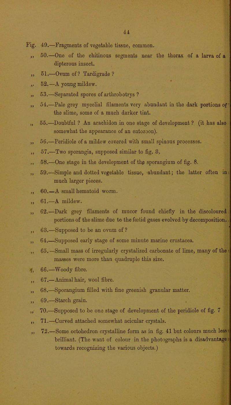 Fig. 49.—Fragments of vegetable tissue, common. ,, 50.—One of the chitinous segments near the thorax of a larva of a dipterous insect. ,, 51.—Ovum of ? Tardigrade ? 52.—A young mildew. „ 53.—Separated spores of arthrobotrys ? ,, 54.—Pale grey mycelial filaments very abundant in the dark portions of ‘ the slime, some of a much darker tint. „ 55.—Doubtful ? An arachidon in one stage of development ? (it has also somewhat the appearance of an entozoon). ,, 56.—Peridiole of a mildew covered with small spinous processes. ,, 57.—Two sporangia, supposed similar to fig. 3. ,, 58.—One stage in the development of thp sporangium of fig. 8. ,, 59.—Simple and dotted vegetable tissue, abundant; the latter often in much larger pieces. ,, 60.—A small hematoid worm. ,, 61.—A mildew. ,, 62.—Dark grey filaments of mucor found chiefly in the discoloured portions of the slime due to the foetid gases evolved by decomposition. ,, 63.—Supposed to be an ovum of ? ,, 64.—Supposed early stage of some minute marine Crustacea. ,, 65.—Small mass of irregularly crystalized carbonate of lime, many of the 1 / masses were more than quadruple this size. f, 66.—Woody fibre. ,, 67.—Animal hair, wool fibre. ,, 68.—Sporangium filled with fine greenish granular matter. ,, 69.—Starch grain. ,, 70.—Supposed to be one stage of development of the peridiole of fig. 7 ,, 71.—Curved attached somewhat acicular crystals. ,, 72.—Some octohedron crystalline form as in fig. 41 but colours much less brilliant. (The want of colour in the photographs is a disadvantage towards recognizing the various objects.)