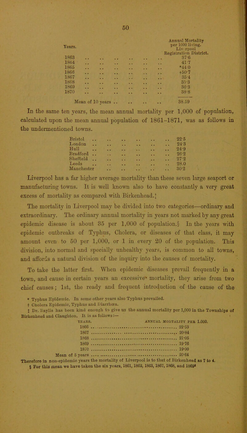 Years. 1863 1864 1865 I860 1867 1868 1869 1870 Mean of 10 years Annual Mortality per 1000 living. Liv rpool Registration District. 87-6 417 *440 +50-7 354 35-8 363 388 38.59 In the same ten years, the mean annual mortality per 1,000 of population, calculated upon the mean annual population of 1861-1871, was as follows in the undermentioned towns. Bristol .. 22-5 London .. 24 3 Hull .. 24-9 Bradford .. .. 26-2 Sheffield .. .. 272 Leeds .. 28.0 Manchester .. 30 2 Liverpool has a far higher average mortality than these seven large seaport or manufacturing towns. It is well known also to have constantly a very great excess of mortality as compared with Birkenhead.J The mortality in Liverpool may he divided into two categories—ordinary and extraordinary. The ordinary annual mortality in years not marked by any great epidemic disease is about 35 per 1,000 of population^ In the years with epidemic outbreaks of Typhus, Cholera, or diseases of that class, it may amount even to 50 per 1,000, or 1 in every 20 of the population. This division, into normal and specially unhealthy years, is common to all towns, and affords a natural division of the inquiry into the causes of mortality. To take the latter first. When epidemic diseases prevail frequently in a town, and cause in certain years an excessive* mortality, they arise from two chief causes; 1st, the ready and frequent introduction of the cause of the * Typhus Epidemic. In some other years also Typhus prevailed, t Cholera Epidemic, Typhus and Diarrhoea. { Dr. liaylis has been kind enough to give us the annual mortality per 1,000 in the Townships of Birkenhead and Claughton, It is as follows:— YEARS. ANNUAL MORTALITY PEB 1.000. 1866 22-53 1867 20-84 1868 21-05 1869 19-76 1870 19-00 Mean of 5 years 20-64 Therefore in non-epidemic years the mortality of Liverpool is to that of Birkenhead as 7 to 4. § For this mean we have taken the six years, 1861,1862, 1863,1867,1868, and 1869s i