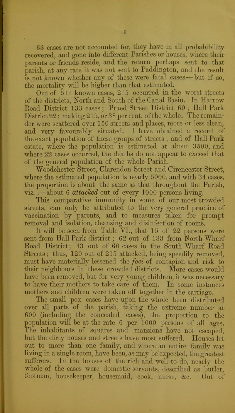 63 cases are not accounted for, they have in all probabibility recovered, and gone into different Parishes or houses, where their parents or friends reside, and the return perhaps sent to that parish, at any rate it was not sent to Paddington, and the result is not known whether any of these were fatal cases — but if so, the mortality will be higher than that estimated. Out of 511 known cases, 215 occurred in the worst streets of the districts, North and South of the Canal Basin, hi Harrow Road District 133 cases; Praed Street District 60; Hall Park District 22; making 215, or 38 percent, of the whole. The remain- der were scattered over 150 streets and places, more or less clean, and very favourably situated. I have obtained a record of the exact population of these groups of streets ; and of Hall Park estate, where the population is estimated at about 3500, and where 22 cases occurred, the deaths do not appear to exceed that of the general population of the whole Parish. Woodchester Street, Clarendon Street and Cirencester Street, where the estimated population is nearly 5000, and with 34 cases, the proportion is about the same as that throughout the Parish, viz. :—about 6 attacked out of every 1000 persons living. This comparative immunity in some of our most crowded streets, can only be attributed to the very general practice of vaccination by parents, and to measures taken for prompt removal and isolation, cleansing and disinfection of rooms. It will be seen from Table VI., that 15 of 22 persons were sent from Hall Park district; 62 out of 133 from North Wharf Road District; 43 out of 60 cases in the South Wharf Road Streets; thus, 120 out of 215 attacked, being speedily removed, must have materially lessened the foci of contagion and risk to their neighbours in these crowded districts. More cases would have been removed, but for very young children, it was necessary to have their mothers to take care of them. In some instances mothers and children were taken off together in the carriage. The small pox cases have upon the whole been distributed over all parts of the parish, taking the extreme number at 600 (including the concealed cases), the proportion to the population will be at the rate 6 per 1000 persons of all ages. The inhabitants of squares and mansions have not escaped, but the dirty houses and streets have most suffered. Houses let out to more than one family, and where an entire family was living in a single room, have been, as may be expected, the greatest sufferers. In the houses of the rich and well to do, nearly the whole of the cases were domestic servants, described as butler, footman, housekeeper, housemaid, cook, nurse, &c. Out of