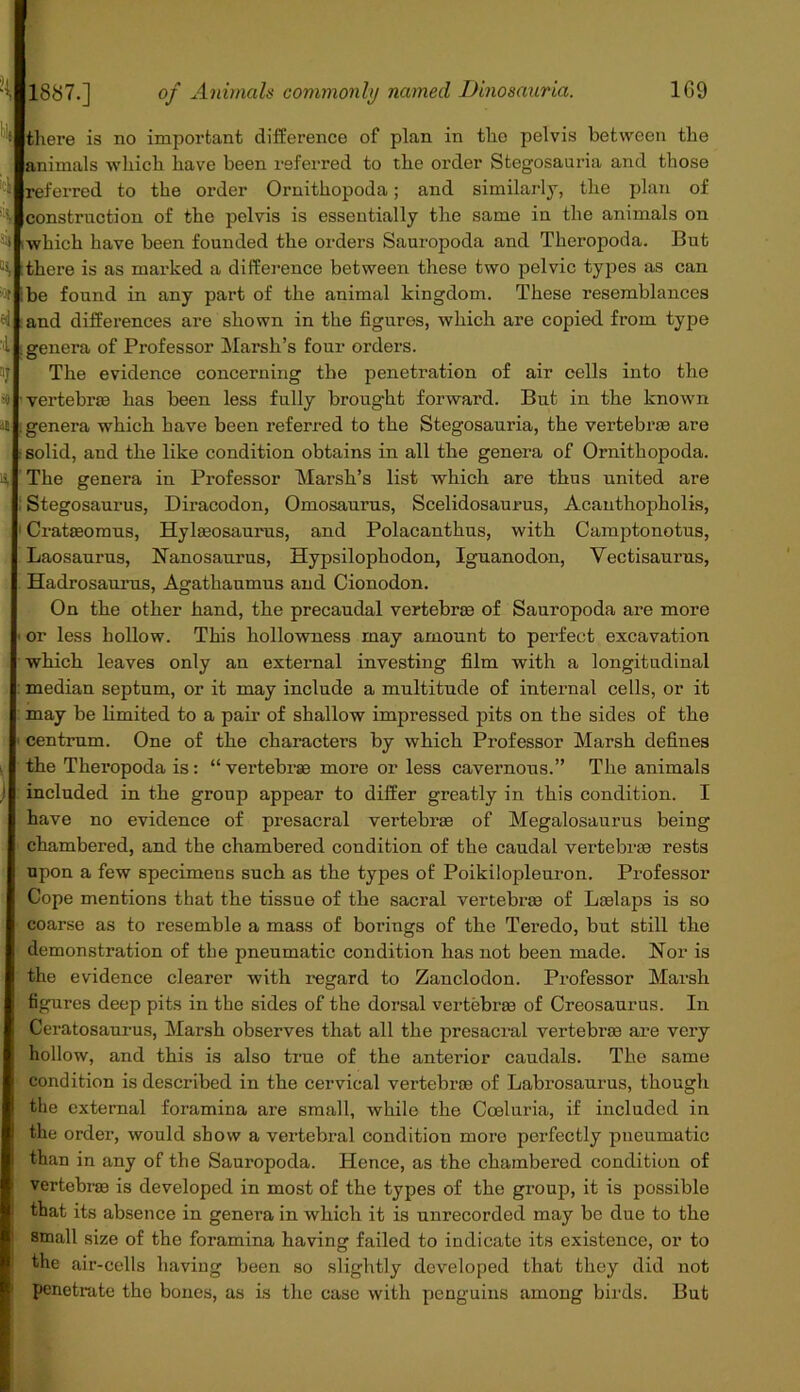 s;j ' -T *1 'I •o •n ■ ) there is no important difference of plan in the pelvis between the animals which have been referred to the order Stegosauria and those referred to the order Ornithopoda; and similarly, the plan of construction of the pelvis is essentially the same in the animals on which have been founded the orders Sauropoda and Theropoda. But there is as marked a difference between these two pelvic types as can be found in any part of the animal kingdom. These resemblances and differences are shown in the figures, which are copied, from type genera of Professor Marsh’s four orders. The evidence concerning the penetration of air cells into the vertebra has been less fully brought forward. But in the known genera which have been referred to the Stegosauria, the vertebrae are solid, and the like condition obtains in all the genera of Ornithopoda. The genera in Professor Marsh’s list which are thus united are Stegosaurus, Diracodon, Omosanrus, Scelidosaurus, Acanthopholis, Crataeomus, Hylasosaurus, and Polacanthus, with Camptonotus, Laosaurus, Nanosaurus, Hypsilophodon, Iguanodon, Vectisaurus, Hadrosaurus, Agathaumus and Cionodon. On the other hand, the precaudal vertebras of Sauropoda are more or less hollow. This hollowness may amount to perfect excavation which leaves only an external investing film with a longitudinal median septum, or it may include a multitude of internal cells, or it may be limited to a pair of shallow impressed pits on the sides of the centrum. One of the characters by which Professor Marsh defines the Theropoda is: “vertebra more or less cavernous.” The animals included in the group appear to differ greatly in this condition. I have no evidence of presacral vertebra) of Megalosaurus being chambered, and the chambered condition of the caudal vertebra rests upon a few specimens such as the types of Poikilopleuron. Professor Cope mentions that the tissue of the sacral vertebra of Lselaps is so coarse as to resemble a mass of borings of the Teredo, but still the demonstration of the pneumatic condition has not been made. Nor is the evidence clearer with regard to Zanclodon. Professor Marsh figures deep pits in the sides of the dorsal vertebra of Creosaurus. In Ceratosaurus, Marsh observes that all the presacral vertebras are very hollow, and this is also true of the anterior caudals. The same condition is described in the cervical vertebra of Labrosaurus, though the external foramina are small, while the Coeluria, if included in the order, would show a vertebral condition more perfectly pneumatic than in any of the Sauropoda. Hence, as the chambered condition of vertebra is developed in most of the types of the group, it is possible that its absence in genera in which it is unrecorded may be due to the small size of the foramina having failed to indicate its existence, or to the air-cells having been so slightly developed that they did not penetrate the bones, as is the case with penguins among birds. But
