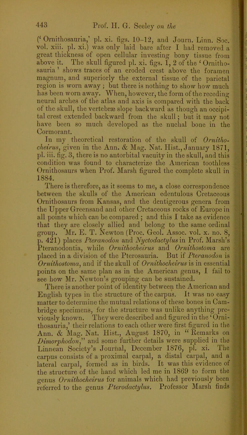 (‘ Ornithosauria,’ pi. xi. figs. 10-12, and Journ. Linn. Soc. vol. xiii. pi. xi.) was only laid bare after I had removed a great thickness of open cellular investing bony tissue from above it. The skull figured pi. xi. figs. 1, 2 of the 1 Ornitho- sauria ’ shows traces of an eroded crest above the foramen magnum, and superiorly the external tissue of the parietal region is worn away ; but there is nothing to show how much has been worn away. When, however, the form of the receding neural arches of the atlas and axis is compared with the back of the skull, the vertebrae slope backward as though an occipi- tal crest extended backward from the skull; but it may not have been so much developed as the nuchal bone in the Cormorant. In my theoretical restoration of the skull of Ornitho- cheirus, given in the Ann. & Mag. Nat. Hist., January 1871, pi. iii. fig. 3, there is no antorbital vacuity in the skull, and this condition was found to characterize the American toothless Ornithosaurs when Prof. Marsh figured the complete skull in 1884. There is therefore, as it seems to me, a close correspondence between the skulls of the American edentulous Cretaceous Ornithosaurs from Kansas, and the dentigerous genera from the Upper Greensand and other Cretaceous rocks of Europe in all points which can be compared ; and this I take as evidence that they are closely allied and belong to the same ordinal group. Mr. E. T. Newton (Proc. Geol. Assoc, vol. x. no. 8, p. 421) places Pteranodon and Nyctodactylus in Prof. Marsh’s Pteranodontia, while Ornithocheirus and Ornithostoma are placed in a division of the Pterosauria. But if Pteranodon is Ornithostoma, and if the skull of Ornithocheirus is in essential points on the same plan as in the American genus, I fail to see how Mr. Newton’s grouping can be sustained. There is another point of identity between the American and English types in the structure of the carpus. It was no easy matter to determine the mutual relations of these bones in Cam- bridge specimens, for the structure was unlike anything pre- viously known. They were described and figured in the ‘ Orni- thosauria,’ their relations to each other were first figured in the Ann. & Mag. Nat. Hist., August 1870, in “ Remarks on Dimorphodon,” and some further details were supplied in the Linnean Society’s Journal, December 1876, pi. xi. The carpus consists of a proximal carpal, a distal carpal, and a lateral carpal, formed as in birds. It was this evidence of the structure of the hand which led me in 1869 to form the genus Ornithocheirus for animals which had previously been referred to the genus Pterodactylus. Professor Marsh finds