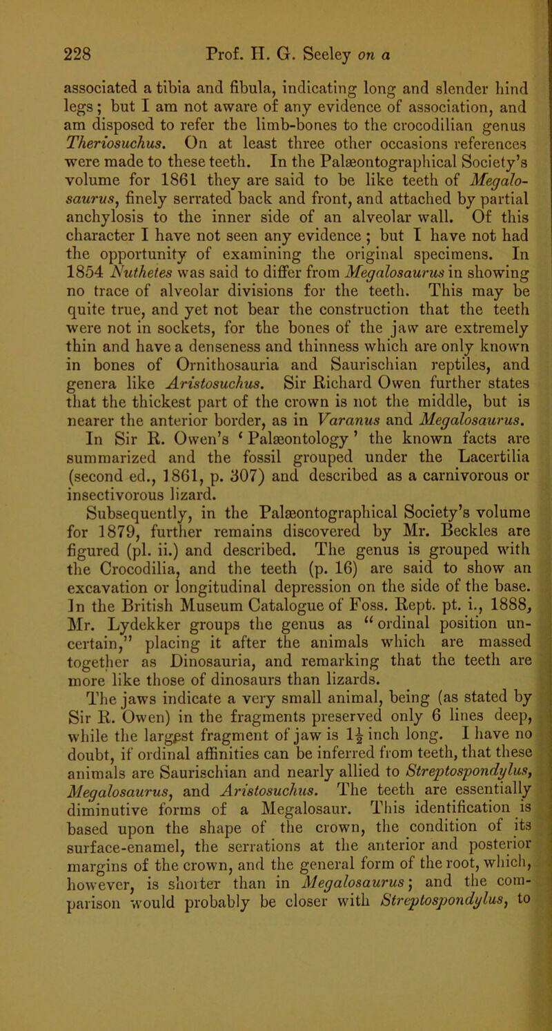 associated a tibia and fibula, indicating long and slender hind legs; but I am not aware of any evidence of association, and am disposed to refer the limb-bones to the crocodilian genus Theriosuchus. On at least three other occasions references were made to these teeth. In the Palgeontographical Society’s volume for 1861 they are said to be like teeth of Megalo- saurus, finely serrated back and front, and attached by partial anchylosis to the inner side of an alveolar wall. Of this character I have not seen any evidence ; but I have not had the opportunity of examining the original specimens. In 1854 Nuthetes was said to difier from Megalosaurus in showing no trace of alveolar divisions for the teeth. This may be quite true, and yet not bear the construction that the teeth were not in sockets, for the bones of the jaw are extremely thin and have a denseness and thinness which are only known in bones of Ornithosauria and Saurischian I’eptiles, and genera like Aristosuchus. Sir Pichard Owen further states that the thickest part of the crown is not the middle, but is nearer the anterior border, as in Varanus and Megalosaurus. In Sir R. Owen’s ‘ Palaeontology ’ the known facts are summarized and the fossil grouped under the Lacertilia (second ed., 1861, p. 307) and described as a carnivorous or insectivorous lizard. Subsequently, in the Palaeontographical Society’s volume for 1879, furtlier remains discovered by Mr. Beckles are figured (pi. ii.) and described. The genus is grouped with the Crocodilia, and the teeth (p. 16) are said to show an excavation or longitudinal depression on the side of the base. In the British Museum Catalogue of Foss. Rept. pt. i., 1888, Mr. Lydekker groups the genus as ‘‘ ordinal position un- certain,” placing it after the animals which are massed together as Dinosauria, and remarking that the teeth are more like those of dinosaurs than lizards. The jaws indicate a very small animal, being (as stated by Sir R. Owen) in the fragments preserved only 6 lines deep, while the largest fragment of jaw is 1^ inch long. I have no doubt, if ordinal aflSnities can be inferred from teeth, that these animals are Saurischian and nearly allied to Streptospondylus, Megalosaurus^ and Aristosuchus. The teeth are essentially diminutive forms of a Megalosaur. This identification is based upon the shape of the crown, the condition of its surface-enamel, the serrations at the anterior and posterior margins of the crown, and the general form of the root, wliich, however, is shorter than in Megalosaurus; and the com- parison would probably be closer with Streptospondylus, to