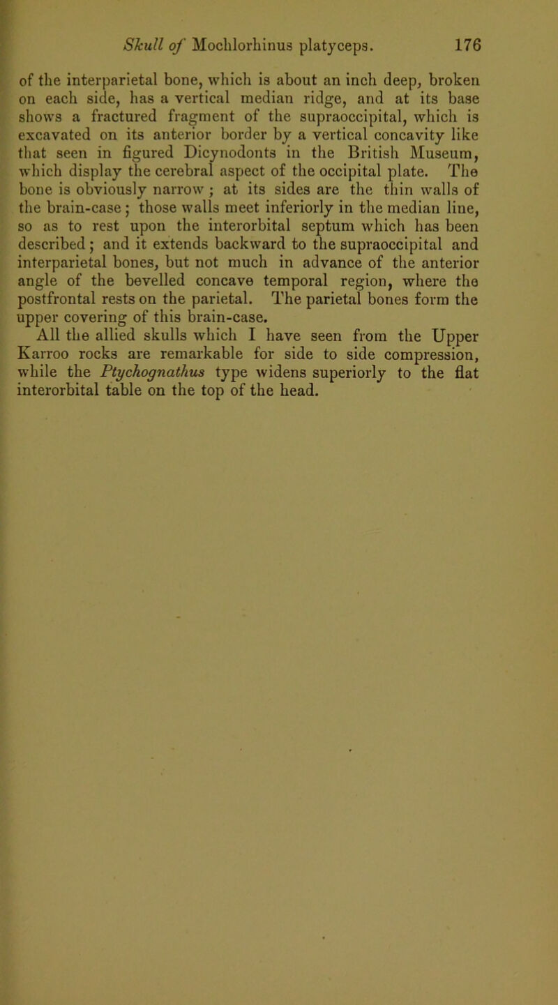 of the interparietal bone, wliich is about an inch deep, broken on each side, has a vertical median ridge, and at its base shows a fractured fragment of the supraoccipital, which is excavated on its anterior border by a vertical concavity like that seen in figured Dicynodonts in the British Museum, which display the cerebral aspect of the occipital plate. The bone is obviously narrow; at its sides are the thin walls of the brain-case ; those walls meet inferiorly in the median line, so as to rest upon the interorbital septum which has been described; and it extends backward to the supraoccipital and interparietal bones, but not much in advance of the anterior angle of the bevelled concave temporal region, where the postfrontal rests on the parietal. The parietal bones form the upper covering of this brain-case. All the allied skulls which I have seen from the Upper Karroo rocks are remarkable for side to side compression, while the Ptychognathus type widens superiorly to the flat interorbital table on the top of the head.