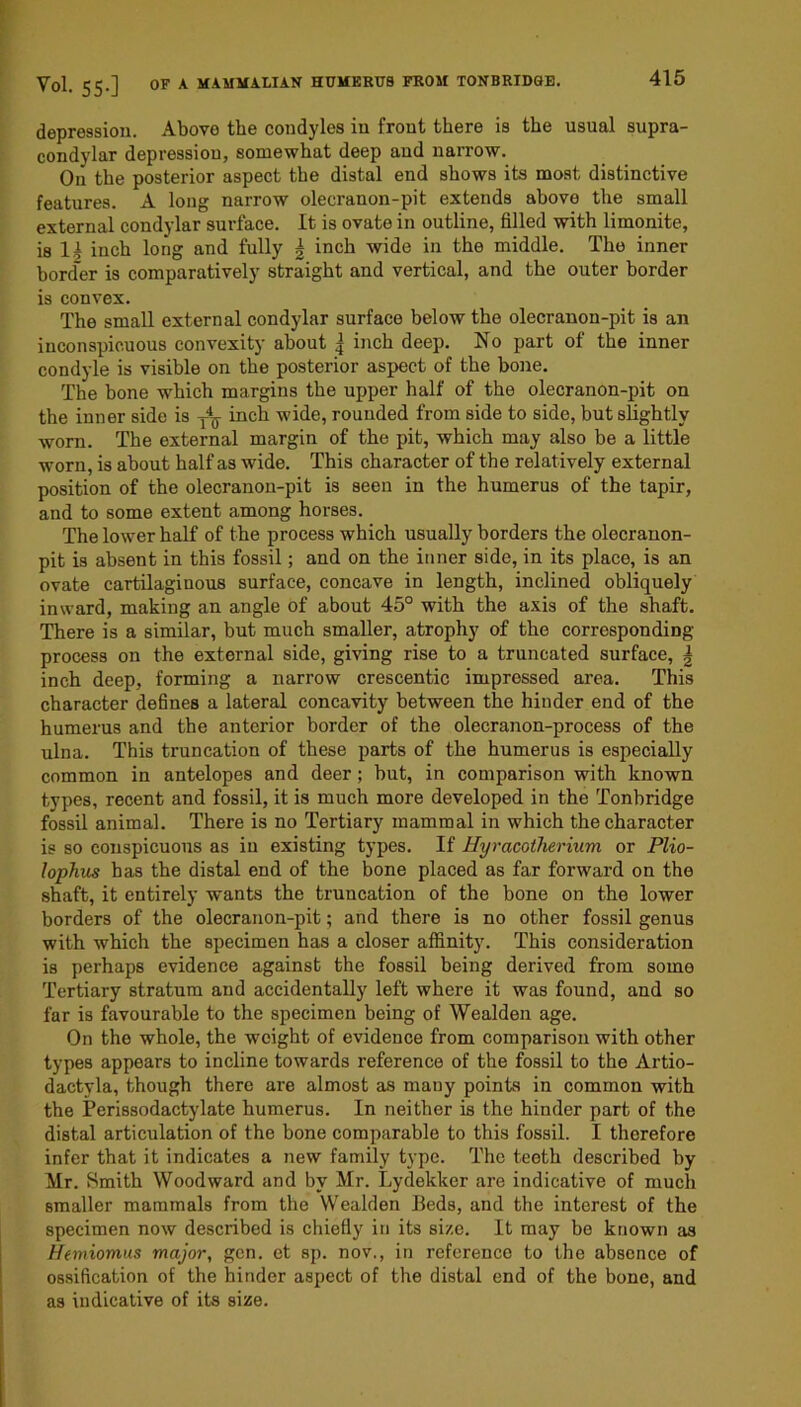 Yol_ 5^.] OF A MAMMALIAN HUMERUS FROM TONBRIDGE. 415 depression. Above the condyles in front there is the usual supra- condylar depression, somewhat deep and narrow. On the posterior aspect the distal end shows its moat distinctive features. A long narrow olecranon-pit extends above the small external condylar surface. It is ovate in outline, filled with limonite, is inch long and fully | inch wide in the middle. The inner bord'er is comparatively straight and vertical, and the outer border is convex. The small external condylar surface below the olecranon-pit is an inconspicuous convexity about ^ inch deep. No part of the inner condyle is visible on the posterior aspect of the bone. The bone which margins the upper half of the olecranon-pit on the inner side is inch wide, rounded from side to side, but slightly worn. The external margin of the pit, which may also be a little worn, is about half as wide. This character of the relatively external position of the olecranon-pit is seen in the humerus of the tapir, and to some extent among horses. The lower half of the process which usually borders the olecranon- pit is absent in this fossil; and on the inner side, in its place, is an ovate cartilaginous surface, concave in length, inclined obliquely inward, making an angle of about 45° with the axis of the shaft. There is a similar, but much smaller, atrophy of the corresponding process on the external side, giving rise to a truncated surface, | inch deep, forming a narrow crescentic impressed area. This character defines a lateral concavity between the hinder end of the humerus and the anterior border of the olecranon-process of the ulna. This truncation of these parts of the humerus is especially common in antelopes and deer; but, in comparison with known types, recent and fossil, it is much more developed in the Tonbridge fossil animal. There is no Tertiary mammal in which the character is so conspicuous as in existing types. If Hyracoiherium or Plio- lophus has the distal end of the bone placed as far forward on the shaft, it entirely wants the truncation of the bone on the lower borders of the olecranon-pit; and there is no other fossil genus with which the specimen has a closer affinity. This consideration is perhaps evidence against the fossil being derived from some Tertiary stratum and accidentally left where it was found, and so far is favourable to the specimen being of Wealden age. On the whole, the weight of evidence from comparison with other types appears to incline towards reference of the fossil to the Artio- dactyla, though there are almost a.s many points in common with the Perissodactylate humerus. In neither is the hinder part of the distal articulation of the bone comparable to this fossil. I therefore infer that it indicates a new family type. The teeth described by Mr. Smith Woodward and by Mr. Lydekker are indicative of much smaller mammals from the Wealden Beds, and the interest of the specimen now described is chiefiy in its size. It may be known as Hemiomus major, gen. et sp. nov., in reference to the absence of ossification of the hinder aspect of the distal end of the bone, and as indicative of its size.