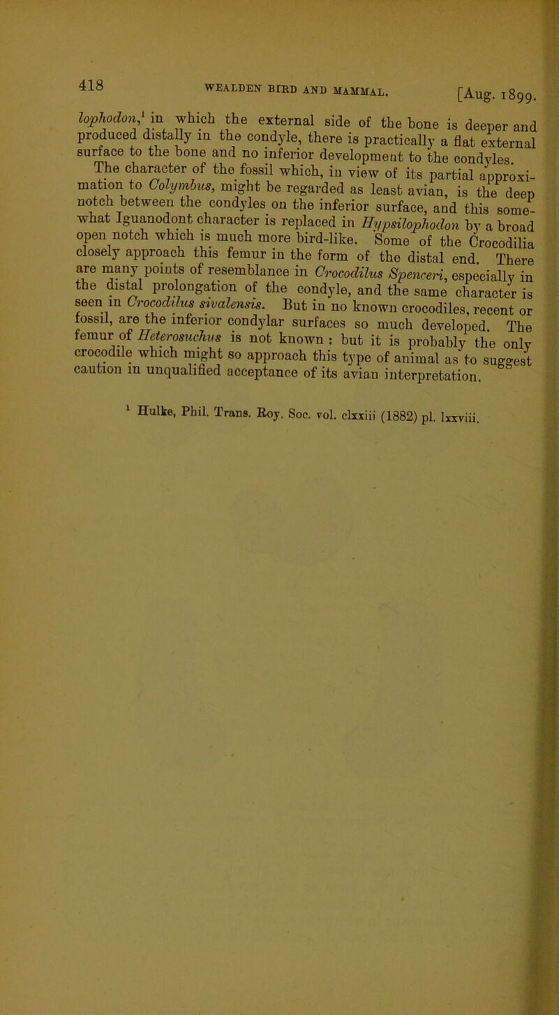 WEALDEN BIRD AND MAMMAL. [Aug. 1899. lopliodon ' in which the external side of the bone is deeper and produced distally in the condyle, there is practically a flat external surface to the bone and no inferior development to the condyles. The character of the fossil which, in view of its partial approxi- mation to Colymbus, might be regarded as least avian, is the deep notch between the condyles on the inferior surface, and this some- what Iguanodont character is replaced in Hypsilophodon by a broad open notch which is much more bird-like. Some of the Crocodilia closely approach this femur in the form of the distal end There are many points of resemblance in Qrocodilus Spenceri, especially in the distal prolongation of the condyle, and the same character is seen 111 6rocodnus sivalensis. But in no known crocodiles, recent or lossil, are the inferior condylar surfaces so much developed The femur of Ileterosuchm is not known : but it is probably the only crocodile which might so approach this type of animal as to suggest caution in unqualified acceptance of its avian interpretation. 1 Hulke, Phil. Trans. Roy. Soc. vol. clxxiii (1882) pi. lxxviii.