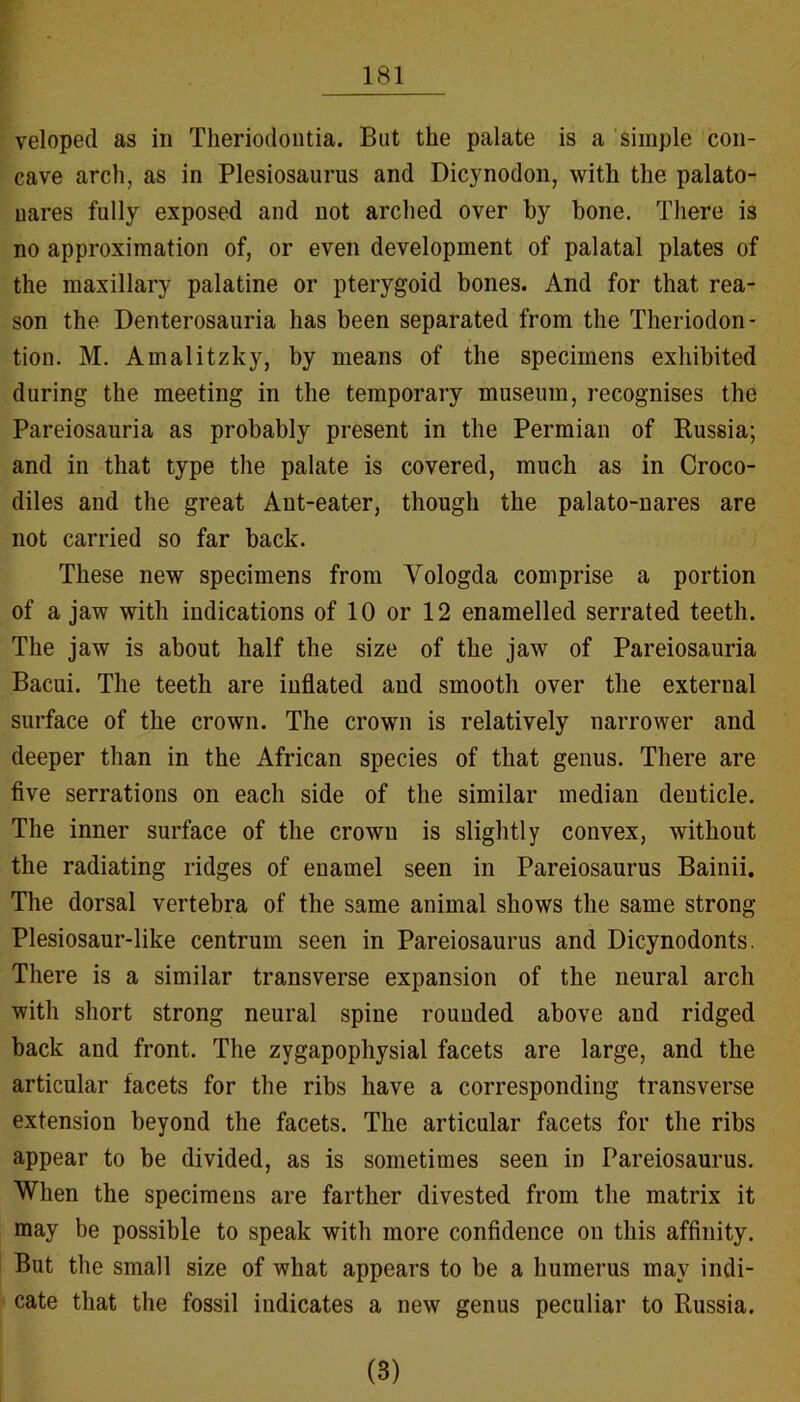 veloped as in Theriodoutia. But the palate is a simple con- cave arch, as in Plesiosaurus and Dicynodon, with the palato- uares fully exposed and not arched over hy hone. There is no approximation of, or even development of palatal plates of the maxillary palatine or pterygoid bones. And for that rea- son the Denterosauria has been separated from the Theriodon- tion. M. Amalitzky, by means of the specimens exhibited during the meeting in the temporary museum, recognises the Pareiosauria as probably present in the Permian of Russia; and in that type the palate is covered, much as in Croco- diles and the great Ant-eater, though the palato-nares are not carried so far hack. These new specimens from Vologda comprise a portion of a jaw with indications of 10 or 12 enamelled serrated teeth. The jaw is about half the size of the jaw of Pareiosauria Bacui. The teeth are inflated and smooth over the external surface of the crown. The crown is relatively narrower and deeper than in the African species of that genus. There are five serrations on each side of the similar median denticle. The inner surface of the crowu is slightly convex, without the radiating ridges of enamel seen in Pareiosaurus Bainii. The dorsal vertebra of the same animal shows the same strong Plesiosaur-like centrum seen in Pareiosaurus and Dicynodonts. There is a similar transverse expansion of the neural arch with short strong neural spine rounded above and ridged back and front. The zygapophysial facets are large, and the articular facets for the ribs have a corresponding transverse extension beyond the facets. The articular facets for the ribs appear to he divided, as is sometimes seen in Pareiosaurus. When the specimens are farther divested from the matrix it may be possible to speak with more confidence on this affinity. But the small size of what appears to be a humerus may indi- cate that the fossil iudicates a new genus peculiar to Russia. (3)