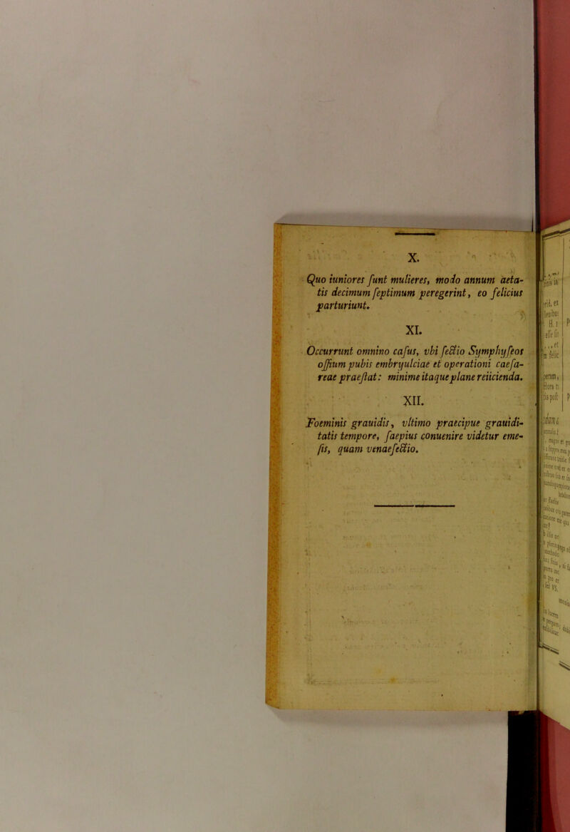 Quo iuniores funt mulieres, modo annum aeta- tis decimum feptimum peregerint, eo felicius parturiunt. XI. Occurrunt omnino cafus, vbi [efitio Symphyfeos offium pubis embryulciae et operationi caefa- reae praejiat: minime itaque plane r elicienda. XII. Foeminis grauidis, vltimo praecipue grauidi- tatis tempore, faepius conuenire videtur eme- fis, quam vtnaefcSlio.