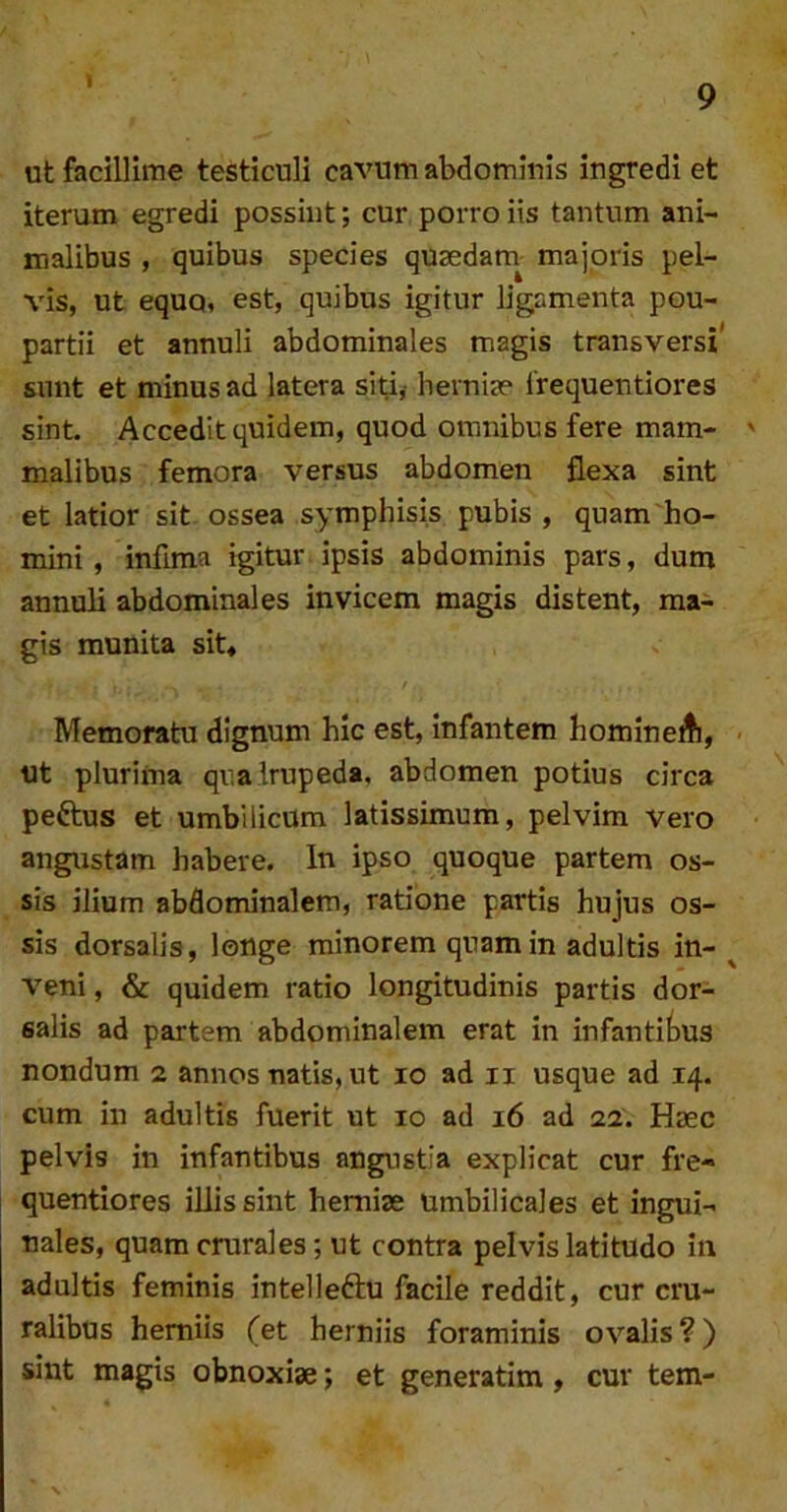 I 9 ut facillime testiculi cavum abdomiuis ingredi et iterum egredi possint; cur porro iis tantum ani- malibus , quibus species quaedam majoris pel- vis, ut equQ, est, quibus igitur ligamenta pou- partii et annuli abdominales magis transversi' sunt et minus ad latera siti,- herniae frequentiores sint. Accedit quidem, quod omnibus fere mam- ' malibus femora versus abdomen flexa sint et latior sit ossea symphisis pubis, quam ho- mini , infima igitur ipsis abdominis pars, dum annuli abdominales invicem magis distent, ma^ gis munita sit» Memoratu dignum hic est, infantem homineA, ut plurima qualrupeda, abdomen potius circa peftus et umbilicum latissimum, pelvim vero angustam habere. In ipso quoque partem os- sis ilium abdominalem, ratione partis hujus os- sis dorsalis, longe minorem quam in adultis in- ^ veni, & quidem ratio longitudinis partis dor- salis ad partem abdominalem erat in infantibus nondum 2 annos natis, ut 10 ad ii usque ad 14. cum in adultis fuerit ut 10 ad 16 ad 22. Haec pelvis in infantibus angustia explicat cur fre- quentiores illis sint herniae umbilicales et ingui- nales, quam crurales; ut contra pelvis latitudo in adultis feminis intelleftu facile reddit, cur cru- ralibus herniis (et herniis foraminis ovalis ?) sint magis obnoxiae; et generatim, cur tem-