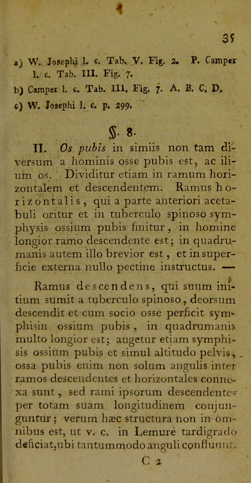 i 3? a) W. Jo$ephi 1. c. Tab. V. Fig. 2. P. Camper I. c. Tab. III. Fig. 7. b) Camper 1. c. Tab. 111, Fig. 7. A. B. C, D, 6) W. Josephi 1, c. p. 299, S- 8- II. Os pubis in simiis non tam di- versum a hominis osse pubis est, ac ili- um os. Dividitur etiam in ramum hori- zontalem et descendentem. Ramus h o- rizontalis, qui a parte anteriori aceta- buli oritur et in tuberculo spinoso sym- physis ossium pubis hnitur, in homine < longior ramo descendente est; in quadru- manis autem illo brevior est, et in super- hcie externa nullo pectine instructus. — Ramus descendens, qui suum ini- tium sumit a tuberculo spinoso, deorsum descendit et cum socio osse perficit sym^ phisin ossium pubis, in quadrumanis multo longior est; augetur etiam symphi- sis ossium pubis et simul altitudo pelvis, ossa pubis enim non solum angulis inter ramos descendentes et horizontales conne- xa sunt, sed rami ipsorum descendentes' per totam suam longitudinem conjun- guntur ; verum hxc structura non in om- nibus est, ut v. c. in Lemure tardigrado deficiat,ubi tantummodo anguli confluunt. C 2