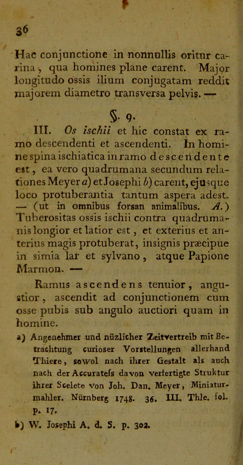 f 36 Hac conjunctione in nonnullis oritur ca- rina-, qua hornines plane carent. Majpr longitudo ossis ilium conjugatam reddit majorem diametro transversa pelvis. — §• 9‘ III. Os ischii et hic constat ex ra- mo descendenti et ascendenti. In homi- ne spina ischiatica in ramo descendente est, ea vero quadrumana secundum rela- tiones Meyer a) et Josephi b) carent, ejusque loco protuberantia tantum aspera adest. — (ut in omnibus forsan animalibus, ) Tuberositas ossis ischii contra quadnima- nis longior et latior est, et exterius et an- terius magis protuberat, insignis praecipue in simia lar et sylvano, atque Papione Marmon. — Ramus ascendens tenuior, angu- stior , ascendit ad conjunctionem cum osse pubis sub angulo auctiori quam in homine. i) Angenehmer tind niizlicher Xeityertreib mit Be- trachtung curioser Vorstellungen allerhand Thiere, sowol nach ihrer Gestalt ais auch nach der Accuratefs davon verfertigte Struktur ihrer Scelete Von Joh. Dan. Meyer, Miniatur- mahler. Niirnberg 1748. 3^, IIL Thle. fol. P. 17. b) W. Josephi A, d. S. p. 3oa* I