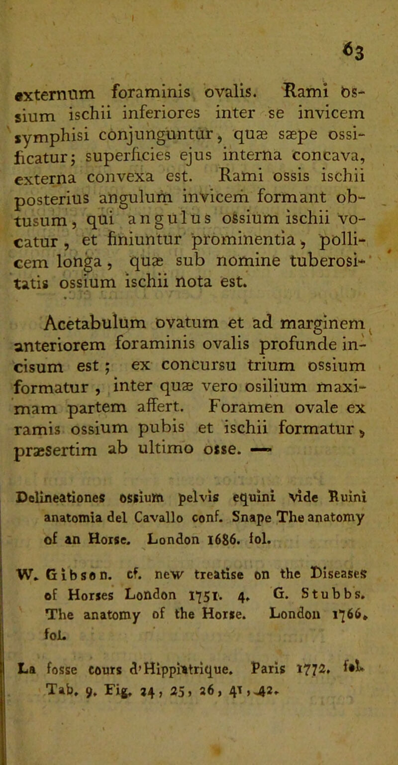 •xterniim foraminis ovalis. Rami t)S- sium ischii inferiores inter se invicem symphisi conjunguntur, quae saepe ossi- ficaturj superficies ejus interna concava, externa convexa est. Rami ossis ischii posterius angulum inviceih formant ob- tusum , qui angulus ossium ischii vo- catur , et finiuntur 'prominentia, polli- cem longa, quas sub nomine tuberosi- tatis ossium ischii nota est. Acetabulum ovatum et ad marginem ^ anteriorem foraminis ovalis profunde in- cisum est; ex concursu trium ossium formatur , inter qu$ vero osilium maxi- mam partem affert. Foramen ovale ex ramis ossium pubis et ischii formatur > praesertim ab ultimo osse. —• Delineationes ossium pelvis equini ^nde Ruini anatomia dei Cavallo conf. Snape The anatomy of an Horse. London 1686. iol. W. Gibson. cf. new treatise on the Diseases of Horses London 1751. 4, G. Stubbs. The anatomy of the Horse. London 1766» foL La fosse cours d’Hlppiatrique. Paris