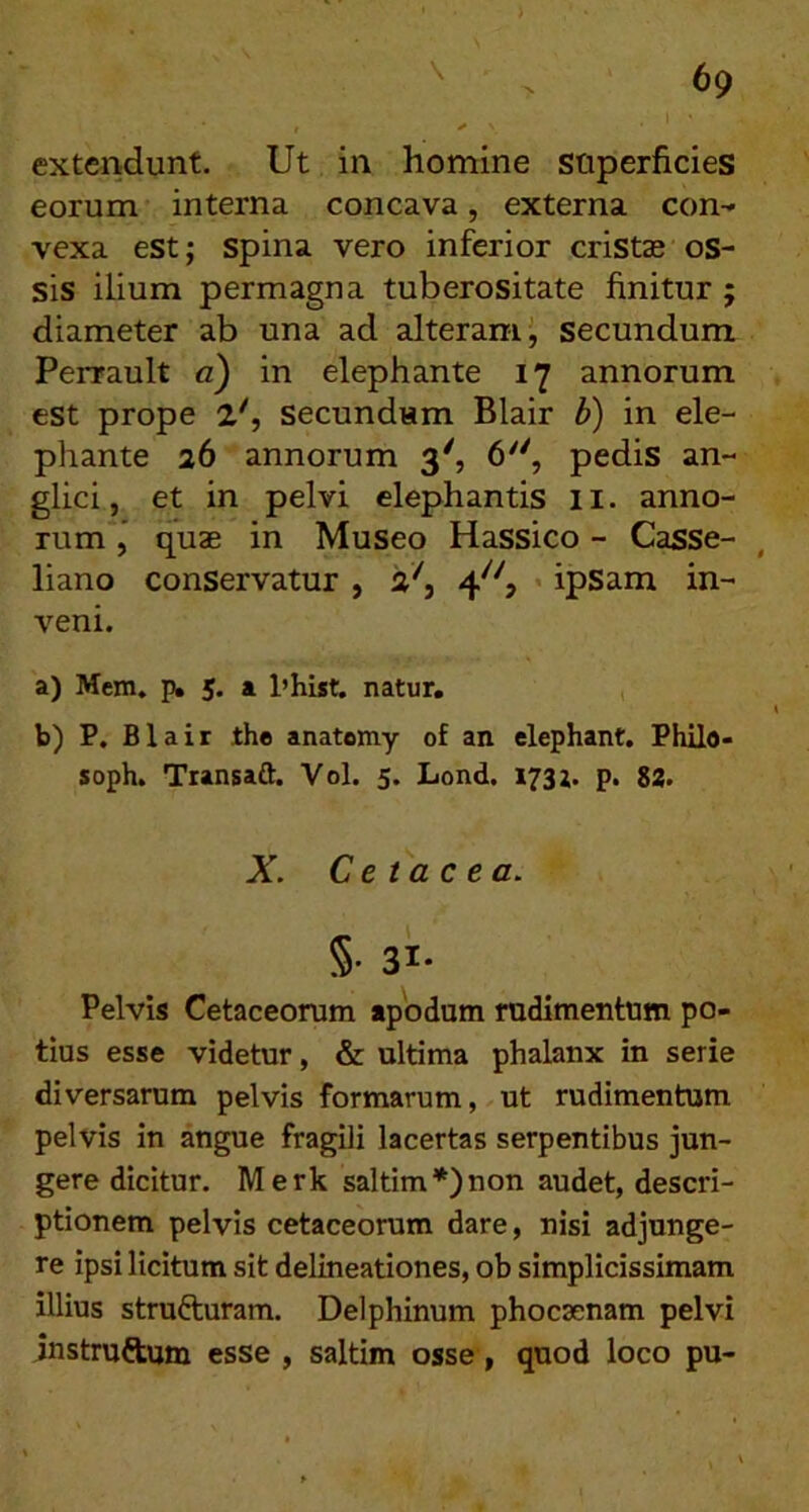 \ extendunt. Ut in homine snperficies eorum interna concava, externa con- vexa est; spina vero inferior cristas os- sis ilium permagna tuberositate finitur ; diameter ab una ad alteram i secundum Perrault a') in elephante 17 annorum est prope 2', secundum Blair b) in ele- phante 26 annorum 3', 6, pedis an- glici, et in pelvi elephantis ii. anno- rum l quae in Museo Hassico - Casse- ^ liano conservatur , 2^ «ipsam in- veni. a) Mem. p. 5* * natur, b) P. Blair the anatomy of an elephant. Philo- soph. Transaft. Vol. 5. Lond. 173;. p. 82. X C e t a c e a. Pelvis Cetaceonim apbdum rudimentum po- tius esse videtur, & ultima phalanx in serie diversarum pelvis formarum, ut rudimentum pelvis in angue fragili lacertas serpentibus jun- gere dicitur. Merk saltim*)non audet, descri- ptionem pelvis cetaceorum dare, nisi adjunge- re ipsi licitum sit delineationes, ob simplicissimam illius strufturam. Delphinum phocsenam pelvi instruftum esse , saltim osse, quod loco pu-