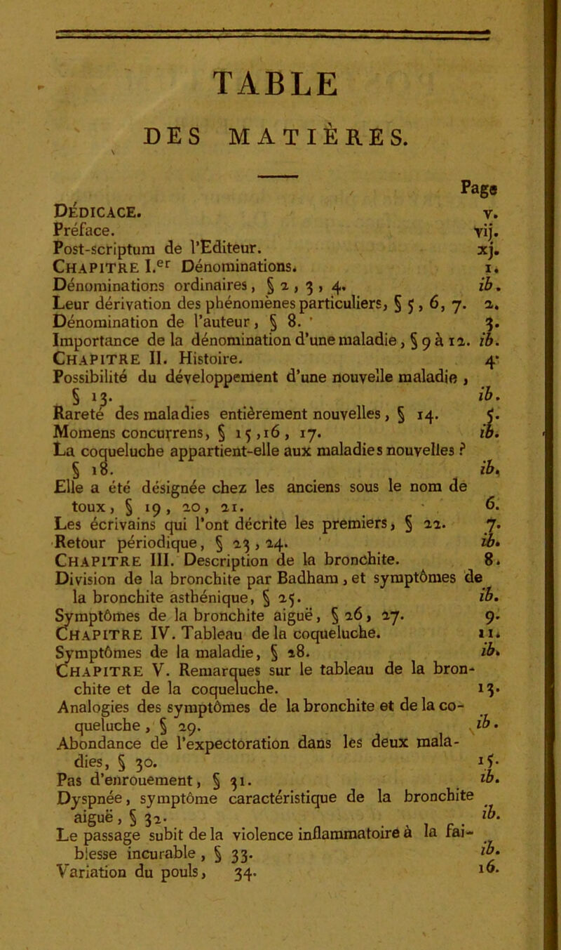 TABLE DES MATIÈRES. Pag8 V. Tij. XJ. I. ib. a, .3- ib. 4‘ Dédicace. Préface. Post-scriptura de l’Editeur. Chapitre I.®' Dénominations. Dénominations ordinaires, §1,3,4, Leur dérivation des phénomènes particuliers, § J, 6, 7. Dénomination de l’auteur, § 8. ’ Importance de la dénomination d’une maladie, § 9 à la. Chapitre II. Histoire. Possibilité du développement d’une nouvelle maladie , § 13. Rareté des maladies entièrement nouvelles , § 14. Momens concufrens, § 15,16, 17. La coqueluche appartient-elle aux maladies nouvelles i § 18. Elle a été désignée chez les anciens sous le nom de toux , § 19 , ao, ai. • Les écrivains qui l’ont décrite les premiers, § aa. Retour périodique, § a3,14. Chapitre 111. Description de la bronchite. Division de la bronchite par Badham, et symptômes de la bronchite asthénique, § a5. ib. ^mptômes de la bronchite aiguë, § a6, 17. 9. Chapitre IV. Tableau de la coqueluche. i i* Symptômes de la maladie, § î8. ib. Chapitre V. Remarques sur le tableau de la bron- chite et de la coqueluche. 13. Analogies des symptômes de la bronchite et de la co- queluche , § 29. ib. Abondance de l’expectoration dans les deux mala- dies, § 30. Pas d’enrouement ,§31. ib. Dyspnée, symptôme caractéristique de la bronchite aiguë , § 3a- . Le passage subit de la violence inflammatoire à la fai blesse incurable, § 33. Variation du poub, 34. ib. il: ii>% 6. .7- ib. 8. ib. 16.