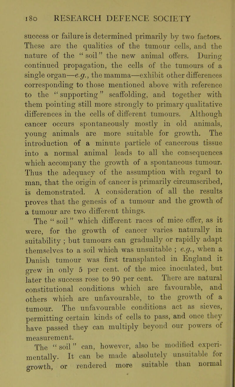 success or failure is determined primarily by two factors. These are the qualities of the tumour cells, and the nature of the “soil” the new animal offers. Durinn O continued propagation, the cells of the tumours of a single organ—e.g., the mamma—exhil)it other differences corresponding to those mentioned above with reference to the “ supporting ” scaffolding, and together with them pointing still more strongly to primary qualitative differences in the cells of different tumours. Although cancer occurs spontaneously mostly in old animals, young animals are more suitable for growth. The introduction of a minute particle of cancerous tissue into a normal animal leads to all the consequences which accompany the growth of a spontaneous tumour. Thus the adequacy of the assumption with regard to man, that the origin of cancer is primarily circumscribed, is demonstrated. A consideration of all the results proves that the genesis of a tumour and the growth of a tumour are two different things. The “ soil ” which different races of mice offer, as it were, for the growth of cancer varies naturally in suitability ; but tumours can gradually or rapidly adapt themselves to a soil which was unsuitable ; e.g., when a Danish tumour was first transplanted in England it grew in only 5 per cent, of the mice inoculated, but later the success rose to 90 per cent. There are natural constitutional conditions which are favourable, and others which are unfavourable, to the growth of a tumour. The unfavourable conditions act as sieves, permitting certain kinds of cells to pass, and once they have passed they can multiply beyond our powers of measurement. The “ soil ” can, however, also be modified experi- mentally. It can be made absolutely unsuitable for growth, or rendered more suitable than normal