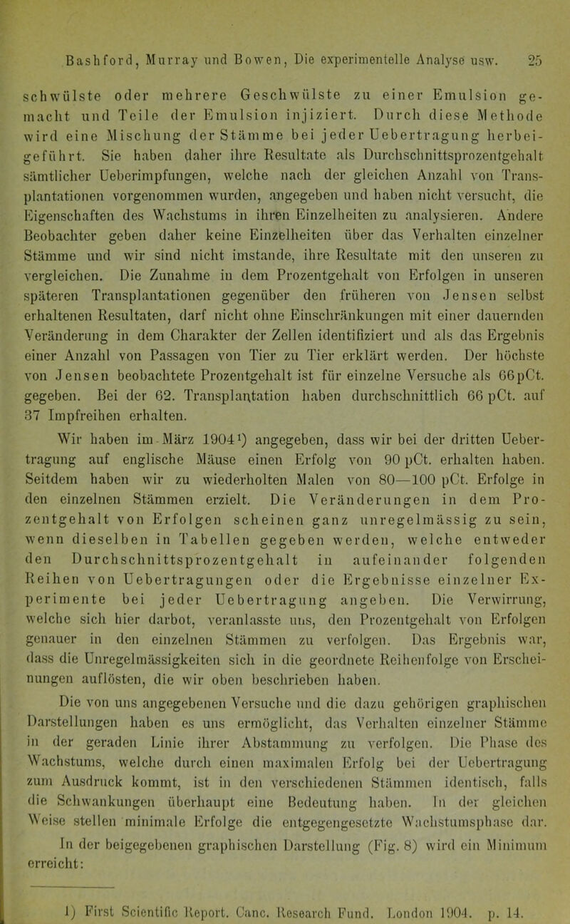 schwülste oder mehrere Geschwülste zu einer Emulsion ge- macht und Teile der Emulsion injiziert. Durch diese Methode wird eine Mischung der Stämme bei jeder Uebertragung herbei- geführt. Sie haben daher ihre Resultate als Durchschnittsprozentgehalt sämtlicher Ueberimpfungen, welche nach der gleichen Anzahl von Trans- plantationen vorgenommen wurden, angegeben und haben nicht versucht, die Eigenschaften des Wachstums in ihren Einzelheiten zu analysieren. Andere Beobachter geben daher keine Einzelheiten über das Verhalten einzelner Stämme und wir sind nicht imstande, ihre Resultate mit den unseren zu vergleichen. Die Zunahme in dem Prozentgehalt von Erfolgen in unseren späteren Transplantationen gegenüber den früheren von Jensen selbst erhaltenen Resultaten, darf nicht ohne Einschränkungen mit einer dauernden Veränderung in dem Charakter der Zellen identifiziert und als das Ergebnis einer Anzahl von Passagen von Tier zu Tier erklärt werden. Der höchste von Jensen beobachtete Prozentgehalt ist für einzelne Versuche als 66pCt. gegeben. Bei der 62. Transplantation haben durchschnittlich 66 pCt. auf 37 Impfreihen erhalten. Wir haben im März 1904 *) angegeben, dass wir bei der dritten Ueber- tragung auf englische Mäuse einen Erfolg von 90 pCt. erhalten haben. Seitdem haben wir zu wiederholten Malen von 80—100 pCt. Erfolge in den einzelnen Stämmen erzielt. Die Veränderungen in dem Pro- zentgehalt von Erfolgen scheinen ganz unregelmässig zu sein, wenn dieselben in Tabellen gegeben werden, welche entweder den Durchschnittsprozentgehalt in aufeinander folgenden Reihen von Uebertragungen oder die Ergebnisse einzelner Ex- perimente bei jeder Uebertragung angeben. Die Verwirrung, welche sich hier darbot, veranlasste uns, den Prozentgehalt von Erfolgen genauer in den einzelnen Stämmen zu verfolgen. Das Ergebnis war, dass die Unregelmässigkeiten sich in die geordnete Reihenfolge von Erschei- nungen auflösten, die wir oben beschrieben haben. Die von uns angegebenen Versuche und die dazu gehörigen graphischen Darstellungen haben es uns ermöglicht, das Verhalten einzelner Stämme in der geraden Linie ihrer Abstammung zu verfolgen. Die Phase des Wachstums, welche durch einen maximalen Erfolg bei der Uebertragung zum Ausdruck kommt, ist in den verschiedenen Stämmen identisch, falls die Schwankungen überhaupt eine Bedeutung haben. In der gleichen Weise stellen minimale Erfolge die entgegengesetzte Wachstumsphase dar. ln der beigegebenen graphischen Darstellung (Fig. 8) wird ein Minimum erreicht: 1) First Scientific Report. Canc. Research Fund. London 190-1. p. 1-1.