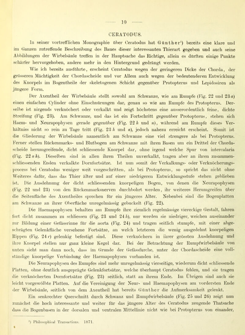 CERATODUS. ln seiner vortrefflichen Monographie über Ceratodus hat Günther1) bereits eine klare und im Ganzen zutreffende Beschreibung des Baues dieser interessanten Thierart gegeben und auch seine Abbildungen der Wirbelsäule treffen in der Hauptsache das Richtige, allein es dürften einige Punkte schärfer hervorgehoben, andere mehr in den Hintergrund gedrängt werden. Wie ich bereits ausführte, erscheint Ceratodus wegen der geringeren Dicke der Chorda, der grösseren Mächtigkeit der Chordascheide und vor Allem auch wegen der bedeutenderen Entwicklung des Knorpels im Bogentheile der skeletogenen Schicht gegenüber Protopterus und Lepidosiren als jüngere Form. Der Axentlieil der Wirbelsäule stellt sowohl am Schwänze, wie am Rumpfe (Fig. 22 und 28 a) einen einfachen Cylinder ohne Einschnürungen dar, genau so wie am Rumpfe des Protopterus. Der- selbe ist nirgends verknöchert oder verkalkt und zeigt höchstens eine ausserordentlich feine, dichte Streifung (Fig. 28). Am Schwänze, und das ist ein Fortschritt gegenüber Protopterus, stehen sich Haem- und Neurapophysen gerade gegenüber (Fig. 22 h und n), während am Rumpfe dieses Ver- hältniss nicht so rein zu Tage tritt (Fig. 23 h und ri), jedoch nahezu erreicht erscheint. Somit ist die Gliederung der Wirbelsäule namentlich am Schwänze eine viel strengere als bei Protopterus. Ferner stellen Rückenmarks- und Blutbogen am Schwänze mit ihren Basen um ein Drittel der Chorda- scheide herumgreifende, dicht schliessende Knorpel dar, ohne irgend welche Spur von intercalaria (Fig. 22 n h). Dieselben sind in allen ihren Theilen unverkalkt, tragen aber an ihren zusammen- schliessenden Enden verkalkte Dornf'ortsätze. Ist nun somit der Verkalkungs- oder Verknöcherungs- process bei Ceratodus weniger weit vorgeschritten, als bei Protopterus, so spricht das nicht ohne Weiteres dafür, dass das Thier älter und auf einer niedrigeren Entwicklungsstufe stehen geblieben ist. Die Ausdehnung der dicht schliessenden knorpeligen Bogen, von denen die Neurapophysen (Fig. 22 und 23) von den Rückenmarksnerven durchbohrt werden, ihr weiteres Herumgreifen über die Seitenfläche des Axentheiles sprechen für ein jüngeres Alter. Nebenbei sind die Bogenplatten am Schwänze an ihrer Oberfläche unregelmässig gebuckelt (Fig. 22). Die Haemapophysen behalten am Rumpfe ihre ziemlich regelmässige viereckige Gestalt, fahren fort dicht zusammen zu scliliessen (Fig. 23 und 24 h), nur werden sie niedriger, weichen auseinander zur Bildung einer Gefässrinne für die aorta (Fig. 24) und tragen seitlich stumpfe, mit einer abge- schrägten Gelenkfläche versehene Fortsätze, an welch letzteren die wenig ausgedehnt knorpeligen Rippen (Fig. 2 4 r) gelenkig befestigt sind. Diese verknöchern in ihrer grössten Ausdehnung und ihre Knorpel stellen nur ganz kleine Kegel dar. Bei der Betrachtung der Rumpfwirbelsäule von unten sieht man dann noch, dass im Grunde der Gefässfurche, unter der Chordascheide eine voll- ständige knorpelige Verbindung der Haemapophysen vorhanden ist. Die Neurapophysen des Rumpfes sind mehr unregelmässig vierseitige, wiederum dicht schliessende Platten, ohne deutlich ausgeprägte Gelenkfortsätze, welche überhaupt Ceratodus fehlen, und sie tragen die verknöcherten Dornfortsätze (Fig. 23) seitlich, statt an ihrem Ende. Im Übrigen sind auch sie leicht vorgewölbte Platten. Auf die Vereinigung der Neur- und Haemapophysen am vordersten Ende der Wirbelsäule, seitlich von dem Axentlieil hat bereits Günther die Aufmerksamkeit gelenkt. Ein senkrechter Querschnitt durch Schwanz und Rumpfwirbelsäule (Fig. 25 und 26) zeigt nun zunächst die hoch interessante und weiter für das jüngere Alter des Ceratodus zeugende Thatsache dass die Bogenbasen in der dorsalen und ventralen Mittellinie nicht wie bei Protopterus von einander. « fl Philosophien! Transactions. 1871.