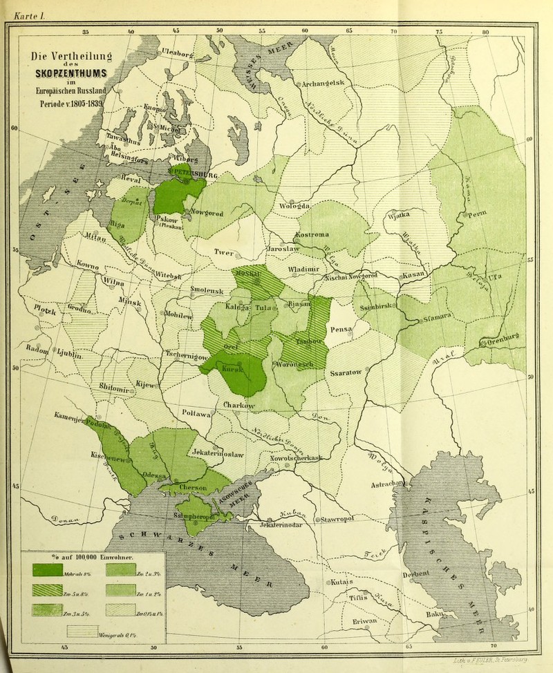 Die Vertheüiing Europäischen Russlanj Periode v.1805-1831 ^arosla; WladiitiiLr Sischni^fo^* on^k 4 Pens Ssaratow Chark< awa. elnnoRlaw Jfon^otscherkaa Jekaterinodar % auf 100,000 Eiiiwohuer. Mekrals 8%. ©Kutais Zw.OJ^öU !%. Bviwan Karte 1.