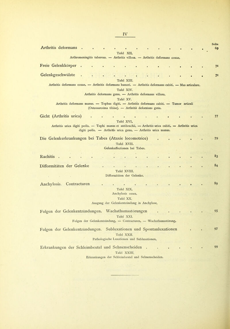 Seite 69 Arthritis deformans ........... Tafel XII. Arthromeningitis tuberosa. — Arthritis villosa. — Arthritis deformans coxae. Freie Gelenkkörper ........... Gelenkgeschwülste ........... Tafel XIII. Arthritis deformans coxae. — Arthritis deformans humeri. — Arthritis deformans cubiti. — Mus articulare. Tafel XIV. Arthritis deformans genu. — Arthritis deformans villosa. Tafel XV. Arthritis deformans manus. — Tophus digiti. — Arthritis deformans cubiti. — Tumor articuli (Osteosarcoma tibiae). — Arthritis deformans genu. Gicht (Arthritis urica) ......... Tafel XVI. Arthritis urica digiti pedis. — Tophi manus et antibrachii. — Arthritis urica cubiti. — Arthritis urica digiti pedis. — Arthritis urica genu. —■ Arthritis urica manus. Die Gelenkerkrankungen bei Tabes (Ataxie locomotrice) .... Tafel XVII. Gelenkaffectionen bei Tabes. Tafel XVIII. Difformitäten der Gelenke. Rachitis .... Difformitäten der Gelenke Anchylosis. Contracturen ...... Tafel XIX. Anchylosis ossea. Tafel XX. Ausgang der Gelenkentzündung in Anchylose. Folgen der Gelenkentzündungen. Wachsthumsstörungen Tafel XXI. Folgen der Gelenkentzündung. — Contracturen. — Wachsthumsstörung. Folgen der Gelenkentzündungen. Subluxationen und Spontanluxationen Tafel XXII. Pathologische Luxationen und Subluxationen. Erkrankungen der Schleimbeutel und Sehnenscheiden Tafel XXIII. Erkrankungen der Schleimbeutel und Sehnenscheiden. 71 71 77 79 83 84 89 95 97 99