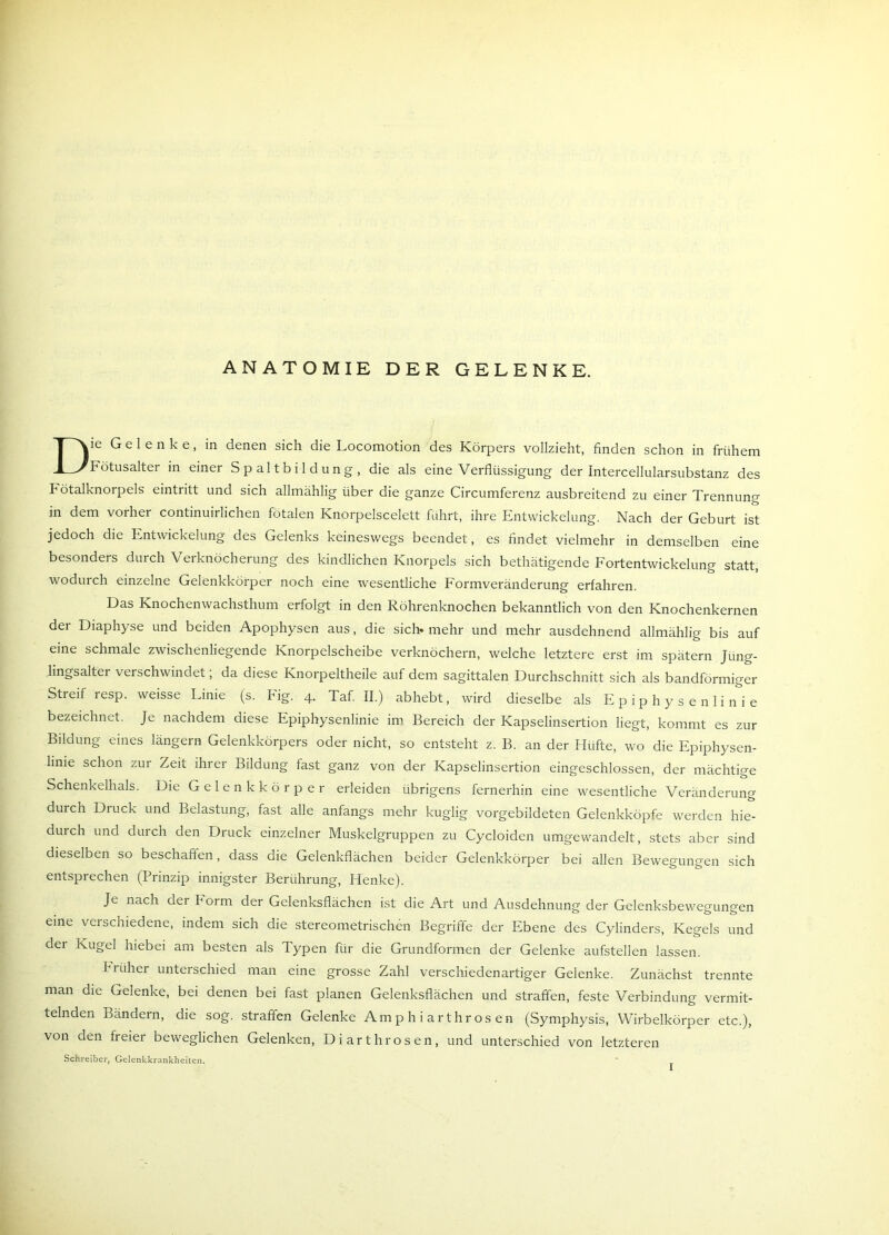 ANATOMIE DER GELENKE. ie Gelenke, in denen sich die Locomotion des Körpers vollzieht, finden schon in frühem Fötusalter in einer Spaltbildung, die als eine Verflüssigung der Intercellularsubstanz des Fötalknorpels eintritt und sich allmählig über die ganze Circumferenz ausbreitend zu einer Trennung in dem vorher continuirlichen fötalen Knorpelscelett führt, ihre Entwickelung. Nach der Geburt ist jedoch die Entwickelung des Gelenks keineswegs beendet, es findet vielmehr in demselben eine besonders durch Verknöcherung des kindlichen Knorpels sich bethätigende Fortentwickelung statt, wodurch einzelne Gelenkkörper noch eine wesentliche Formveränderung erfahren. enwachsthum erfolgt in den Röhrenknochen bekanntlich von den Knochenkernen der Diaphyse und beiden Apophysen aus, die sich, mehr und mehr ausdehnend allmählig bis auf eine schmale zwischenliegende Knorpelscheibe verknöchern, welche letztere erst im spätem Jüng- lingsalter verschwindet; da diese Knorpeltheile auf dem sagittalen Durchschnitt sich als bandförmiger Streif resp. weisse Linie (s. Fig. 4. Taf. II.) abhebt, wird dieselbe als Epiphysenlinie bezeichnet. Je nachdem diese Epiphysenlinie im Bereich der Kapselinsertion liegt, kommt es zur Bildung eines längern Gelenkkörpers oder nicht, so entsteht z. B. an der Hüfte, wo die Epiphysen- linie schon zur Zeit ihrer Bildung fast ganz von der Kapselinsertion eingeschlossen, der mächtige Schenkelhals. Die Gelenkkörper erleiden übrigens fernerhin eine wesentliche Veränderung durch Druck und Belastung, fast alle anfangs mehr kuglig vorgebildeten Gelenkköpfe werden hie- durch und durch den Druck einzelner Muskelgruppen zu Cycloiden umgewandelt, stets aber sind dieselben so beschaffen, dass die Gelenkflächen beider Gelenkkörper bei allen Bewegungen sich entsprechen (Prinzip innigster Berührung, Henke). Je nach der Form der Gelenksflächen ist die Art und Ausdehnung der Gelenksbewegungen eine verschiedene, indem sich die stereometrischen Begriffe der Ebene des Cylinders, Kegels und der Kugel hiebei am besten als Typen für die Grundformen der Gelenke aufstellen lassen. früher unterschied man eine grosse Zahl verschiedenartiger Gelenke. Zunächst trennte man die Gelenke, bei denen bei fast planen Gelenksflächen und straffen, feste Verbindung vermit- telnden Bändern, die sog. straffen Gelenke Amphiarthrosen (Symphysis, Wirbelkörper etc.), von den freier beweglichen Gelenken, Diarthrosen, und unterschied von letzteren Schreiber, Gelenkkrankheiten.