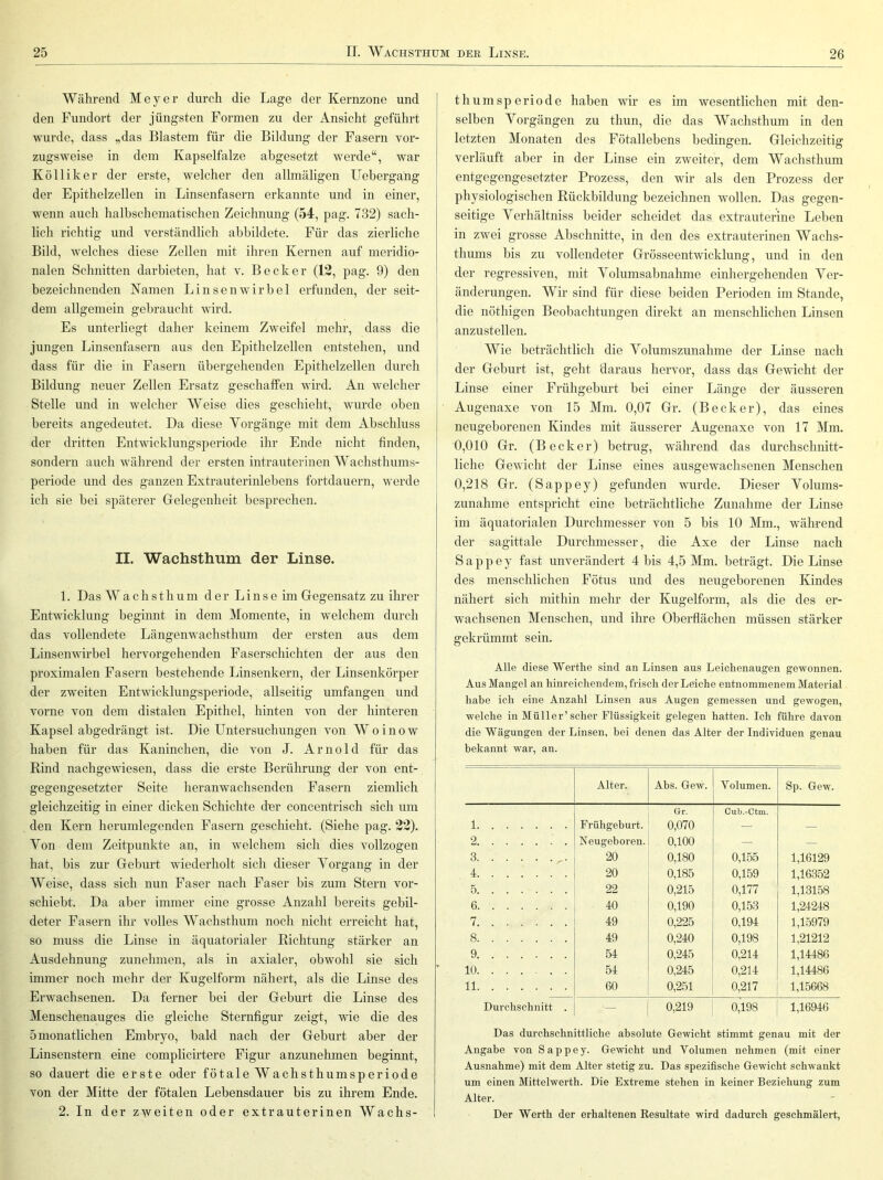 Während Meyer durch die Lage der Kernzone und den Fundort der jüngsten Formen zu der Ansicht geführt wurde, dass „das Blastem für die Bildung der Fasern vor- zugsweise in dem Kapselfalze abgesetzt werde“, war Kölliker der erste, welcher den allmäligen Uebergang der Epithelzellen in Linsenfasern erkannte und in einer, wenn auch halbschematischen Zeichnung (54, pag. 732) sach- lich richtig und verständlich abbildete. Für das zierliche Bild, welches diese Zellen mit ihren Kernen auf meridio- nalen Schnitten darbieten, hat v. Becker (13, pag. 9) den bezeichnenden Kamen Linsenwirbel erfunden, der seit- dem allgemein gebraucht wird. Es unterliegt daher keinem Zweifel mehr, dass die jungen Linsenfasern aus den Epithelzellen entstehen, und dass für die in Fasern übergehenden Epithelzellen durch Bildung neuer Zellen Ersatz geschaffen wird. An welcher Stelle und in welcher Weise dies geschieht, wurde oben bereits angedeutet. Da diese Yorgänge mit dem Abschluss der dritten Entwicklungsperiode ihr Ende nicht finden, sondern auch während der ersten intrauterinen Wachsthums- periode und des ganzen Extrauterinlebens fortdauern, werde ich sie bei späterer Gelegenheit besprechen. II. Wachsthum der Linse. 1. DasWachsthum der Linse im Gegensatz zu ihrer Entwicklung beginnt in dem Momente, in welchem durch das vollendete Längenwachsthum der ersten aus dem Linsenwirbel hervorgehenden Faserschichten der aus den proximalen Fasern bestehende Linsenkern, der Linsenkörper der zweiten Entwicklungsperiode, allseitig umfangen und vorne von dem distalen Epithel, hinten von der hinteren Kapsel abgedrängt ist. Die Untersuchungen von Woinow haben für das Kaninchen, die von J. Arnold für das Rind nachgewiesen, dass die erste Berührung der von ent- gegengesetzter Seite heranwachsenden Fasern ziemlich gleichzeitig in einer dicken Schichte der concentrisch sich um den Kern herumlegenden Fasern geschieht. (Siehe pag. 32). Von dem Zeitpunkte an, in welchem sich dies vollzogen hat, bis zur Geburt wiederholt sich dieser Vorgang in der Weise, dass sich nun Faser nach Faser bis zum Stern vor- schiebt. Da aber immer eine grosse Anzahl bereits gebil- deter Fasern ihr volles Wachsthum noch nicht erreicht hat, so muss die Linse in äquatorialer Richtung stärker an Ausdehnung zunehmen, als in axialer, obwohl sie sich immer noch mehr der Kugelform nähert, als die Linse des Erwachsenen. Da ferner bei der Geburt die Linse des Menschenauges die gleiche Sternfigur zeigt, wie die des 5 monatlichen Embryo, bald nach der Geburt aber der Linsenstern eine complicirtere Figur anzunehmen beginnt, so dauert die erste oder fötale Wachsthumsperiode von der Mitte der fötalen Lebensdauer bis zu ihrem Ende. 2. In der zweiten oder extrauterinen Wachs- thum speriode haben wir es im wesentlichen mit den- selben Vorgängen zu thun, die das Wachsthum in den letzten Monaten des Fötallebens bedingen. Gleichzeitig verläuft aber in der Linse ein zweiter, dem Wachsthum entgegengesetzter Prozess, den wir als den Prozess der physiologischen Rückbildung bezeichnen wollen. Das gegen- seitige Verhältniss beider scheidet das extrauterine Leben in zwei grosse Abschnitte, in den des extrauterinen Wachs- thums bis zu vollendeter Grösseentwicklung, und in den der regressiven, mit Volumsabnahme einhergehenden Ver- änderungen. Wir sind für diese beiden Perioden im Stande, die nöthigen Beobachtungen direkt an menschlichen Linsen anzustellen. Wie beträchtlich die Volumszunahme der Linse nach der Geburt ist, geht daraus hervor, dass das Gewacht der Linse einer Frühgeburt bei einer Länge der äusseren Augenaxe von 15 Mm. 0,07 Gr. (Becker), das eines neugeborenen Kindes mit äusserer Augenaxe von 17 Mm. 0,010 Gr. (Becker) betrug, während das durchschnitt- liche Gewicht der Linse eines ausgewachsenen Menschen i 0,218 Gr. (Sappey) gefunden wurde. Dieser Volums- zunahme entspricht eine beträchtliche Zunahme der Linse im äquatorialen Durchmesser von 5 bis 10 Mm., während der sagittale Durchmesser, die Axe der Linse nach Sappey fast unverändert 4 bis 4,5 Mm. beträgt. Die Linse des menschlichen Fötus und des neugeborenen Kindes nähert sich mithin mehr der Kugelform, als die des er- wachsenen Menschen, und ihre Oberflächen müssen stärker gekrümmt sein. Alle diese Wertlie sind an Linsen aus Leiclienaugen gewonnen. Aus Mangel an liinreicliendem, frisch der Leiche entnommenem Material habe ich eine Anzahl Linsen aus Augen gemessen und gewogen, welche in Müller’scher Flüssigkeit gelegen hatten. Ich führe davon die Wägungen der Linsen, bei denen das Alter der Individuen genau bekannt war, an. Alter. Abs. Gew. Volumen. Sp. Gew. 1 Frühgeburt. Gr. 0,070 Cub.-Ctm. 2 Neugeboren. 0,100 — 3 20 0,180 0,155 1,16129 4 20 0,185 0,159 1,16352 5 22 0,215 0,177 1,13158 6 40 0,190 0,153 1,24248 7 49 0,225 0,194 1,15979 8 49 0,240 0,198 1,21212 9 54 0,245 0,214 1,14486 10 54 0,245 0,214 1,14486 11 60 0,251 0,217 1,15668 Durchschnitt . — 0,219 0,198 1,16946 Das durchschnittliche absolute Gewicht stimmt genau mit der Angabe von Sappey. Gewicht und Volumen nehmen (mit einer Ausnahme) mit dem Alter stetig zu. Das spezifische Gewicht schwankt um einen Mittelwerth. Die Extreme stehen in keiner Beziehung zum Alter. Der Werth der erhaltenen Eesultate wird dadurch geschmälert,