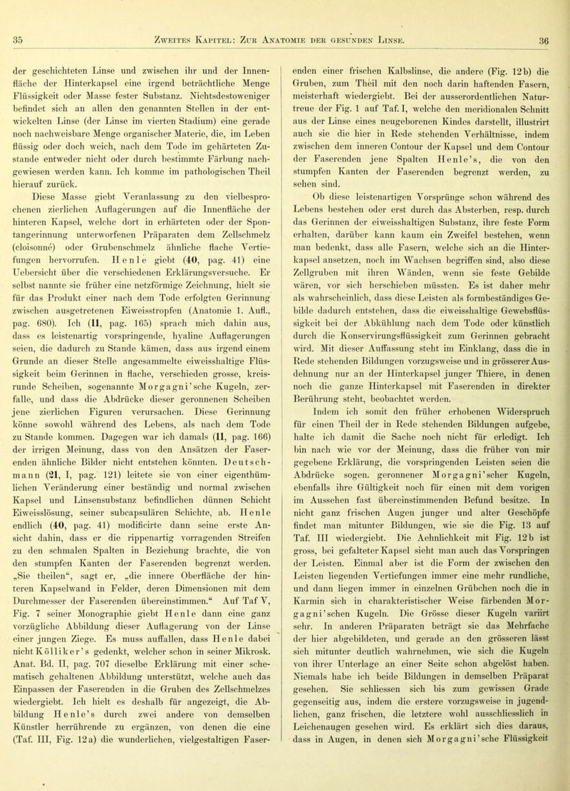 der geschichteten Linse und zwischen ihr und der Innen- fläche der Hinterkapsel eine irgend beträchtliche Menge Flüssigkeit oder Masse fester Substanz. Nichtsdestoweniger befindet sich an allen den genannten Stellen in der ent- wickelten Linse (der Linse im vierten Stadium) eine gerade noch nachweisbare Menge organischer Materie, die, im Leben flüssig oder doch weich, nach dem Tode im gehärteten Zu- stande entweder nicht oder durch bestimmte Färbung nach- gewiesen werden kann. Ich komme im pathologischen Theil hierauf zurück. Diese Masse giebt Veranlassung zu den vielbespro- chenen zierlichen Auflagerungen auf die Innenfläche der hinteren Kapsel, welche dort in erhärteten oder der Spon- tangerinnung unterworfenen Präparaten dem Zellschmelz (cloisonne) oder Gruhenschmelz ähnliche flache Vertie- fungen hervorrufen. H e n 1 e giebt (40, pag. 41) eine Uebersicht über die verschiedenen Erklärungsversuche. Er seihst nannte sie frühereine netzförmige Zeichnung, hielt sie für das Produkt einer nach dem Tode erfolgten Gerinnung zwischen ausgetretenen Eiweisstropfen (Anatomie 1. Auf!., pag. 680). Ich (11, pag. 165) sprach mich dahin aus, dass es leistenartig vorspringende, hyaline Auflagerungen seien, die dadurch zu Stande kämen, dass aus irgend einem Grunde an dieser Stelle angesammelte eiweisshaltige Flüs- sigkeit heim Gerinnen in flache, verschieden grosse, kreis- runde Scheiben, sogenannte Morgagni’sehe Kugeln, zer- falle, und dass die Abdrücke dieser geronnenen Scheiben jene zierlichen Figuren verursachen. Diese Gerinnung könne sowohl während des Lebens, als nach dem Tode zu Stande kommen. Dagegen war ich damals (11, pag. 166) der irrigen Meinung, dass von den Ansätzen der Faser- enden ähnliche Bilder nicht entstehen könnten. Deutsch- m a n n (21, I, pag. 121) leitete sie von einer eigenthüm- lichen Veränderung einer beständig und normal zwischen Kapsel und Linsensuhstanz befindlichen dünnen Schicht Eiweisslösung, seiner suheapsulären Schichte, ab. He nie endlich (40, pag. 41) modificirte dann seine erste An- sicht dahin, dass er die rippenartig vorragenden Streifen zu den schmalen Spalten in Beziehung brachte, die von den stumpfen Kanten der Faserenden begrenzt werden. „Sie theilen“, sagt er, „die innere Oberfläche der hin- teren Kapselwand in Felder, deren Dimensionen mit dem Durchmesser der Faserenden ühereinstimmen.“ Auf Taf V, Fig. 7 seiner Monographie giebt Heule dann eine ganz vorzügliche Abbildung dieser Auflagerung von der Linse einer jungen Ziege. Es muss auffallen, dass He nie dabei nichtKölliker’s gedenkt, welcher schon in seiner Mikrosk. Anat. Bd. II, pag. 707 dieselbe Erklärung mit einer sche- matisch gehaltenen Abbildung unterstützt, welche auch das Einpassen der Faserenden in die Gruben des Zellschmelzes wiedergiebt. Ich hielt es deshalb für angezeigt, die Ab- bildung H e n 1 e ’ s durch zwei andere von demselben Künstler herrührende zu ergänzen, von denen die eine (Taf. IH, Fig. 12 a) die wunderlichen, vielgestaltigen Faser- enden einer frischen Kalbslinse, die andere (Fig. 12 b) die Gruben, zum Theil mit den noch darin haftenden Fasern, meisterhaft wiedergiebt. Bei der ausserordentlichen Natur- treue der Fig. 1 auf Taf. I, welche den meridionalen Schnitt aus der Linse eines neugeborenen Kindes darstellt, illustrirt auch sie die hier in Rede stehenden Verhältnisse, indem zwdschen dem inneren Contour der Kapsel und dem Contour der Faserenden jene Spalten Henle’s, die von den stumpfen Kanten der Faserenden begrenzt werden, zu sehen sind. Ob diese leistenartigen Vorsprünge schon während des Lebens bestehen oder erst durch das Ahsterben, resp. durch das Gerinnen der eiweisshaltigen Substanz, ihre feste Form erhalten, darüber kann kaum ein Zweifel bestehen, wenn man bedenkt, dass alle Fasern, welche sich an die Hinter- kapsel ansetzen, noch im Wachsen begriffen sind, also diese Zellgruben mit ihren Wänden, wenn sie feste Gebilde wären, vor sich herschieben müssten. Es ist daher mehr als wahrscheinlich, dass diese Leisten als formbeständiges Ge- bilde dadurch entstehen, dass die eiweisshaltige Gewebsflüs- sigkeit bei der Abkühlung nach dem Tode oder künstlich durch die Konservirungsflüssigkeit zum Gerinnen gebracht wird. Mit dieser Auffassung steht im Einklang, dass die in Rede stehenden Bildungen vorzugsweise und in grösserer Aus- dehnung nur an der Hinterkapsel junger Thiere, in denen noch die ganze Hinterkapsel mit Faserenden in direkter Berührung steht, beobachtet werden. Indem ich somit den früher erhobenen Widerspruch für einen Theil der in Rede stehenden Bildungen aufgebe, halte ich damit die Sache noch nicht für erledigt. Ich bin nach wie vor der Meinung, dass die früher von mir gegebene Erklärung, die vorspringenden Leisten seien die Abdrücke sogen, geronnener Morgagni’scher Kugeln, ebenfalls ihre Gültigkeit noch für einen mit dem vorigen im Aussehen fast übereinstimmenden Befund besitze. In nicht ganz frischen Augen junger und alter Geschöpfe findet man mitunter Bildungen, wie sie die Fig. 13 auf Taf. in wiedergiebt. Die Aehnlichkeit mit Fig. 12 b ist gross, bei gefalteter Kapsel sieht man auch das Vorspringen der Leisten. Einmal aber ist die Form der zwischen den Leisten liegenden Vertiefungen immer eine mehr rundliche, und dann liegen immer in einzelnen Grübchen noch die in Karmin sich in charakteristischer Weise färbenden Mor- gagni’sehen Kugeln. Die Grösse dieser Kugeln variirt sehr. In anderen Präparaten beträgt sie das Mehrfache der hier abgebildeten, und gerade an den grösseren lässt sich mitunter deutlich wahrnehmen, wie sich die Kugeln von ihrer Unterlage an einer Seite schon abgelöst haben. Niemals habe ich beide Bildungen in demselben Präparat gesehen. Sie schliessen sich bis zum gewissen Grade gegenseitig aus, indem die erstere vorzugsweise in jugend- lichen, ganz frischen, die letztere wohl ausschliesslich in Leichenaugen gesehen wird. Es erklärt sich dies daraus, dass in Augen, in denen sich Morgagni’sehe Flüssigkeit