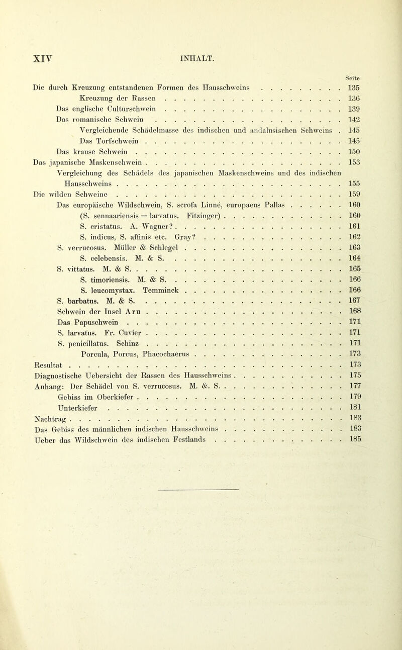 Seite Die durch Kreuzung entstandenen Formen des Hausschweins 135 Kreuzung der Rassen 136 Das englische Culturschweiu 139 Das romanische Schwein 142 Vergleichende Schädelmasse des indischen und andalusischen Schweins . 145 Das Torfschwein 145 Das krause Schwein 150 Das japanische Maskenschwein 153 Vergleichung des Schädels des japanischen Maskenschweins und des indischen Hausschweins 155 Die wilden Schweine 159 Das europäische Wildschwein, S. scrofa Linne, europaeus Pallas 160 (S. sennaariensis = larvatus. Fitzinger) 160 S. cristatus. A. Wagner? 161 S. Indiens, S. affinis etc. Gray? 162 S. verrucosus. Müller & Schlegel 163 S. celebensis. M. & S 164 S. vittatus. M. & S 165 S. timoriensis. M. & S 166 S. leucomystax. Temminck 166 S. barbatus. M. & S 167 Schwein der Insel Am 168 Das Papuschwein 171 S. larvatus. Fr. Ouvier 171 S. penicillatus. Schinz 171 Porcula, Porcus, Phacochaerus 173 Resultat 173 Diagnostische üehersicht der Rassen des Hausschweins 175 Anhang: Der Schädel von S. verrucosus. M. &. S 177 Gebiss im Oberkiefer 179 Unterkiefer 181 Nachtrag 183 Das Gebiss des männlichen indischen Hausschweins 183 üeber das Wildschwein des indischen Festlands 185