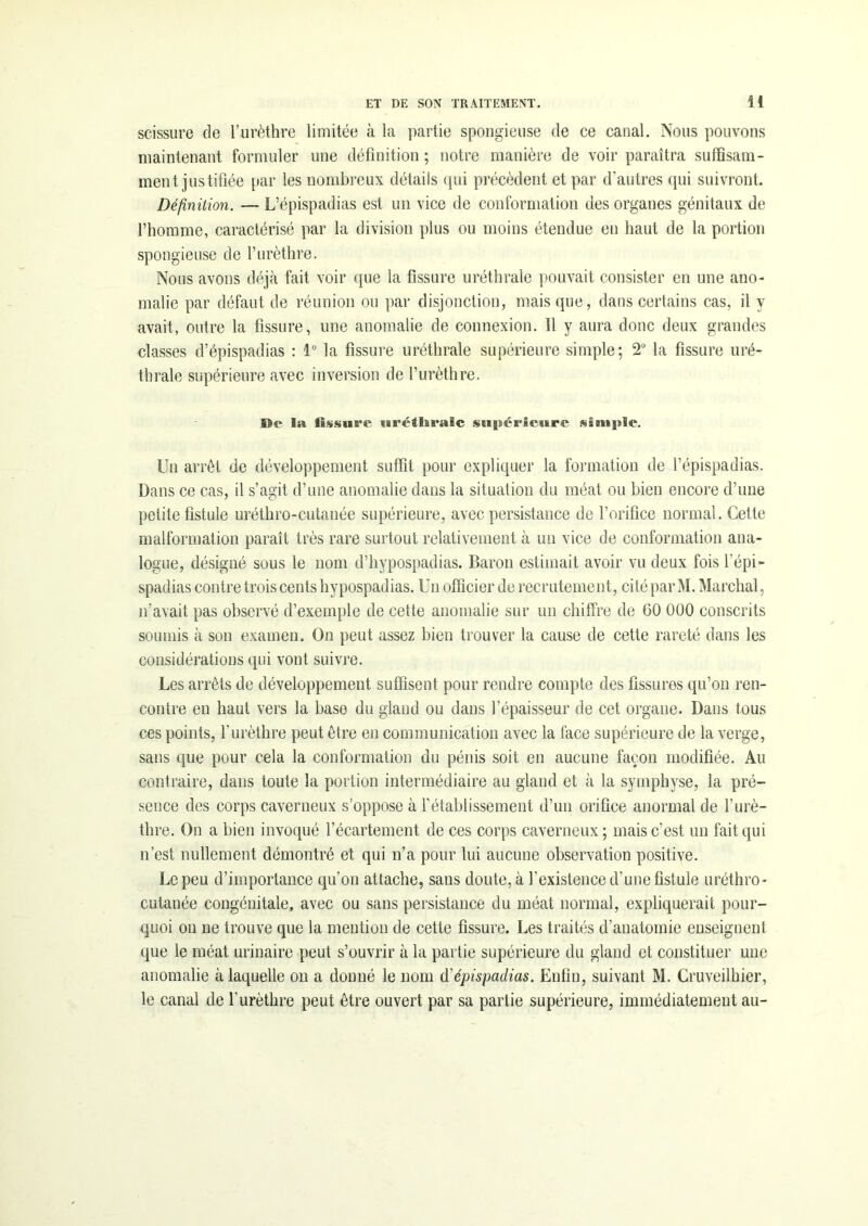 scissure de l’urèthre limitée à la partie spongieuse de ce canal. Nous pouvons maintenant formuler une définition ; notre manière de voir paraîtra suffisam- ment, justifiée par les nombreux détails qui précèdent et par d'autres qui suivront. Définition. — L’épispadias est un vice de conformation des organes génitaux de l’homme, caractérisé par la division plus ou moins étendue en haut de la portion spongieuse de l’urèthre. Nous avons déjà fait voir que la fissure uréthrale pouvait consister en une ano- malie par défaut de réunion ou par disjonction, mais que, dans certains cas, il y avait, outre la fissure, une anomalie de connexion. Il y aura donc deux grandes classes d’épispadias : 1° la fissure uréthrale supérieure simple; 2° la fissure uré- thrale supérieure avec inversion de l’urèthre. Dp la fissure uréthrale supérieure simple. Un arrêt de développement suffit pour expliquer la formation de l’épispadias. Dans ce cas, il s’agit d’une anomalie dans la situation du méat ou bien encore d’une peiite fistule uréthro-cutanée supérieure, avec persistance de l’orifice normal. Cette malformation paraît très rare surtout relativement à un vice de conformation ana- logue, désigné sous le nom d’hypospadias. Baron estimait avoir vu deux fois l’épi- spadias contre trois cents hypospadias. Un officier de recrutement, cité par M. Marchai, n’avait pas observé d’exemple de cette anomalie sur un chiffre de GO 000 conscrits soumis à son examen. On peut assez bien trouver la cause de cette rareté dans les considérations qui vont suivre. Les arrêts de développement suffisent pour rendre compte des fissures qu’on ren- contre en haut vers la base du gland ou dans l’épaisseur de cet organe. Dans tous ces points, l’urèthre peut être en communication avec la lace supérieure de la verge, sans que pour cela la conformation du pénis soit en aucune façon modifiée. Au contraire, dans toute la portion intermédiaire au gland et à la symphyse, la pré- sence des corps caverneux s’oppose à l'établissement d’un orifice anormal de l’urè- thre. On a bien invoqué l’écartement de ces corps caverneux; mais c’est un fait qui n’est nullement démontré et qui n’a pour lui aucune observation positive. Le peu d’importance qu’on attache, sans doute, à l’existence d'une fistule uréthro- cutanée congénitale, avec ou sans persistance du méat normal, expliquerait pour- quoi on ne trouve que la mention de cette fissure. Les traités d’anatomie enseignent que le méat urinaire peut s’ouvrir à la partie supérieure du gland et constituer une anomalie à laquelle on a donné le nom d'épispadias. Enfin, suivant M. Cruveilhier, le canal de l’urèthre peut être ouvert par sa partie supérieure, immédiatement au-