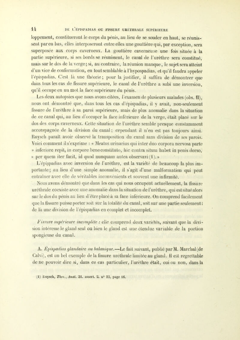 loppemeut, constitueront le corps du pénis, au lieu de se souder en haut, se réunis- sent pareil bas, elles interposeront entre elles une gouttière qui, par exception, sera superposée aux corps caverneux. La gouttière caverneuse une fois située à la partie supérieure, si ses bords se réunissent, le canal de l’urèthre sera constitué, mais sur le dos de la verge ; si, au contraire, la réunion manque, le sujet sera atteint d’un vice de conformation, en tout semblable à l’hypospadias, et qu’il faudra appeler l’épispadias. C’est la une théorie; pour la justifier, il suffira de démontrer que dans tous les cas de fissure supérieure, le canal de l’urèthre a subi une inversion, qu’il occupe en un mot la face supérieure du pénis. Les deux autopsies que nous avons citées, l’examen de plusieurs malades (obs. II), nous ont démontré que, dans tous les cas d’épispadias, il y avait, non-seulement fissure de l’urèthre à sa paroi supérieure, mais de plus anomalie dans la situation de ce canal qui, au lieu d’occuper la face inférieure de la verge, était placé sur le dos des corps caverneux. Cette situation de l’urèthre semble presque constamment accompagnée de la division du canal; cependant il n’en est pas toujours ainsi. Ruysch paraît avoir observé la transposition du canal sans division de ses parois. Voici comment il s’exprime : « Meatus urinarius qui inter duo corpora nervosa parte » inferiore répit, in corpore beneconstituto, hic contra situm habet in pénis dorso, » per quem iter facit, id quod nunquam antea observavi (1). » L’épi^padias avec inversion de l’urèthre, est la variété de beaucoup la plus im- portante; au lieu d’une simple anomalie, il s’agit d’une malformation qui peut entraîner avec elle de véritables inconvénients et souvent une infirmité. Nous avons démontré que dans les cas qui nous occupent actuellement, la fissure uréthrale coexiste avec une anomalie dans la situation de l’urèthre, qui est situé alors sur le dos du pénis au lieu d’être placé à sa face inférieure. On comprend facilement que la fissure puisse porter soit sur la totalité du canal, soit sur une partie seulement : de là une division de l’épispadias en complet et incomplet. Fissure supérieure incomplète : elle comprend deux variétés, suivant que la divi- sion intéresse le gland seul ou bien le gland est une étendue variable de la portion spongieuse du canal. A. Épispadias glandaire ou balanique.—Le fait suivant, publié parM. Marchande Calvi), est un bel exemple delà fissure uréthrale limitée au gland. Il est regrettable de ne pouvoir dire si, dans ce cas particulier, l’urèthre était, oui ou non, dans la