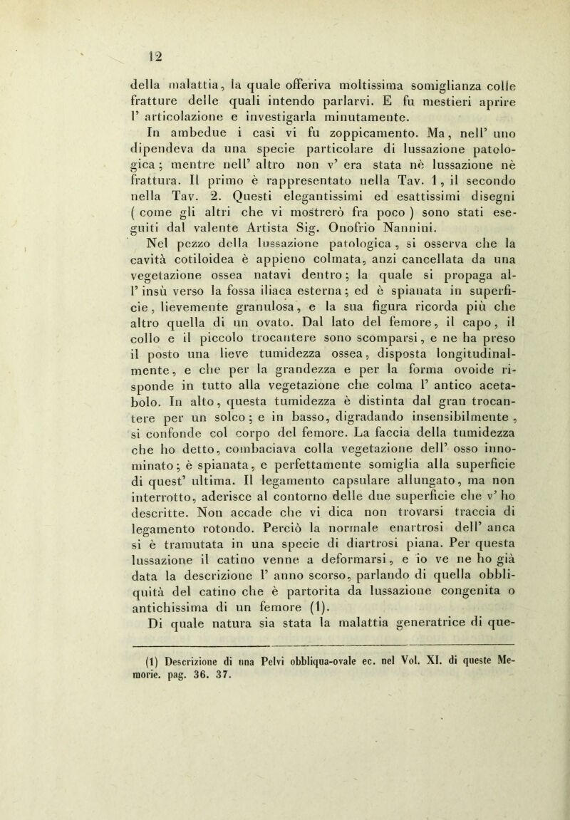 della malattia, la quale offeriva moltissima somiglianza colle fratture delle quali intendo parlarvi. E fu mestieri aprire P articolazione e investigarla minutamente. In ambedue i casi vi fu zoppicamento. Ma, nell’ uno dipendeva da una specie particolare di lussazione patolo- gica ; mentre nell’ altro non v’ era stata nè lussazione nè frattura. Il primo è rappresentato nella Tav. 1 , il secondo nella Tav. 2. Questi elegantissimi ed esattissimi disegni ( come gli altri che vi mostrerò fra poco ) sono stati ese- guiti dal valente Artista Sig. Onofrio Nannini. Nel pezzo della lussazione patologica , si osserva che la cavità cotiloidea è appieno colmata, anzi cancellata da una vegetazione ossea natavi dentro; la quale si propaga al- P insù verso la fossa iliaca esterna; ed è spianata in superfi- cie, lievemente granulosa, e la sua figura ricorda più che altro quella di un ovato. Dal lato del femore, il capo, il collo e il piccolo trocantere sono scomparsi, e ne ha preso il posto una lieve tumidezza ossea, disposta longitudinal- mente, e che per la grandezza e per la forma ovoide ri- sponde in tutto alla vegetazione che colma P antico aceta- bolo. In alto, questa tumidezza è distinta dal gran trocan- tere per un solco ; e in basso, digradando insensibilmente , si confonde col corpo del femore. La faccia della tumidezza che ho detto, combaciava colla vegetazione dell’ osso inno- minato; è spianata, e perfettamente somiglia alla superficie di quest’ ultima. Il legamento capsulare allungato, ma non interrotto, aderisce al contorno delie due superficie che v’ ho descritte. Non accade che vi dica non trovarsi traccia di legamento rotondo. Perciò la normale enartrosi dell’ anca si è tramutata in una specie di diartrosi piana. Per questa lussazione il catino venne a deformarsi, e io ve ne ho già data la descrizione P anno scorso, parlando di quella obbli- quità del catino che è partorita da lussazione congenita o antichissima di un femore (1). Di quale natura sia stata la malattia generatrice di que- ll) Descrizione di lina Pelvi obbliqua-ovale ec. nel Voi. XI. di queste Me- morie. pag. 36. 37.