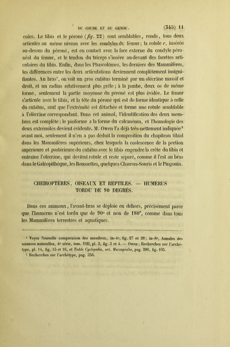 cules. Le tibia et le péroné (fig. 22) sont semblables, ronds, tous deux articulés au môme niveau avec les condyles du fémur ; la rotule r, insérée au-dessus du péroné, est en contact avec la face externe du condylepéro- néal du fémur, et le tendon du triceps s’insère au-devant des facettes arti- culaires du tibia. Enfin, dans les Phascolômes, les derniers des Mammifères, les différences entre les deux articulations deviennent complètement insigni- fiantes. Au bras', on voit un gros cubitus terminé par un olécrane massif et droit, et un radius relativement plus grêle ; à la jambe, deux os de même forme, seulement la partie moyenne du péroné est plus évidée. Le fémur s’articule avec le tibia, et la tête du péroné qui est de forme identique à celle du cubitus, sauf que l’extrémité est détachée et forme une rotule semblable à l’olécrâne correspondant. Dans cet animal, l’identification des deux mem- bres est complète ; le pisiforme a la forme du calcanéum, et l’homologie des deux extrémités devient évidente. M. Owen l’a déjà très-nettement indiquée1 2 avant moi, seulement il n’en a pas déduit la composition du chapiteau tibial dans les Mammifères supérieurs, chez lesquels la coalescence de la portion supérieure et postérieure du cubitus avec le tibia engendre la crête du tibia et entraîne l’olécrâne, qui devient rotule et reste séparé, comme il l’est au bras dans leGaléopithèque, les Roussettes, quelques Chauves-Souris et le Pingouin. CHÉIROPTÈRES, OISEAUX ET REPTILES. — HUMÉRUS TORDU DE 90 DEGRÉS. Dans ces animaux, l’avant-bras se déploie en dehors, précisément parce que l’immérus n’est tordu que de 90° et non de 180°, comme dans tous les Mammifères terrestres et aquatiques. 1 Voyez Nouvelle comparaison des membres, in-4», fig. 27 et 28; in-8°, Annales des sciences naturelles, 4e série, tom. VIII, pl. 3, fig. 3 et 4. — Owen ; Recherches sur l’arché- type, pl. 14, fig. 15 et 16, et Todds Cyclopedia, art. Marsupialia, pag. 280, fig. 105. 2 Recherches sur l’archétype, pag. 356.